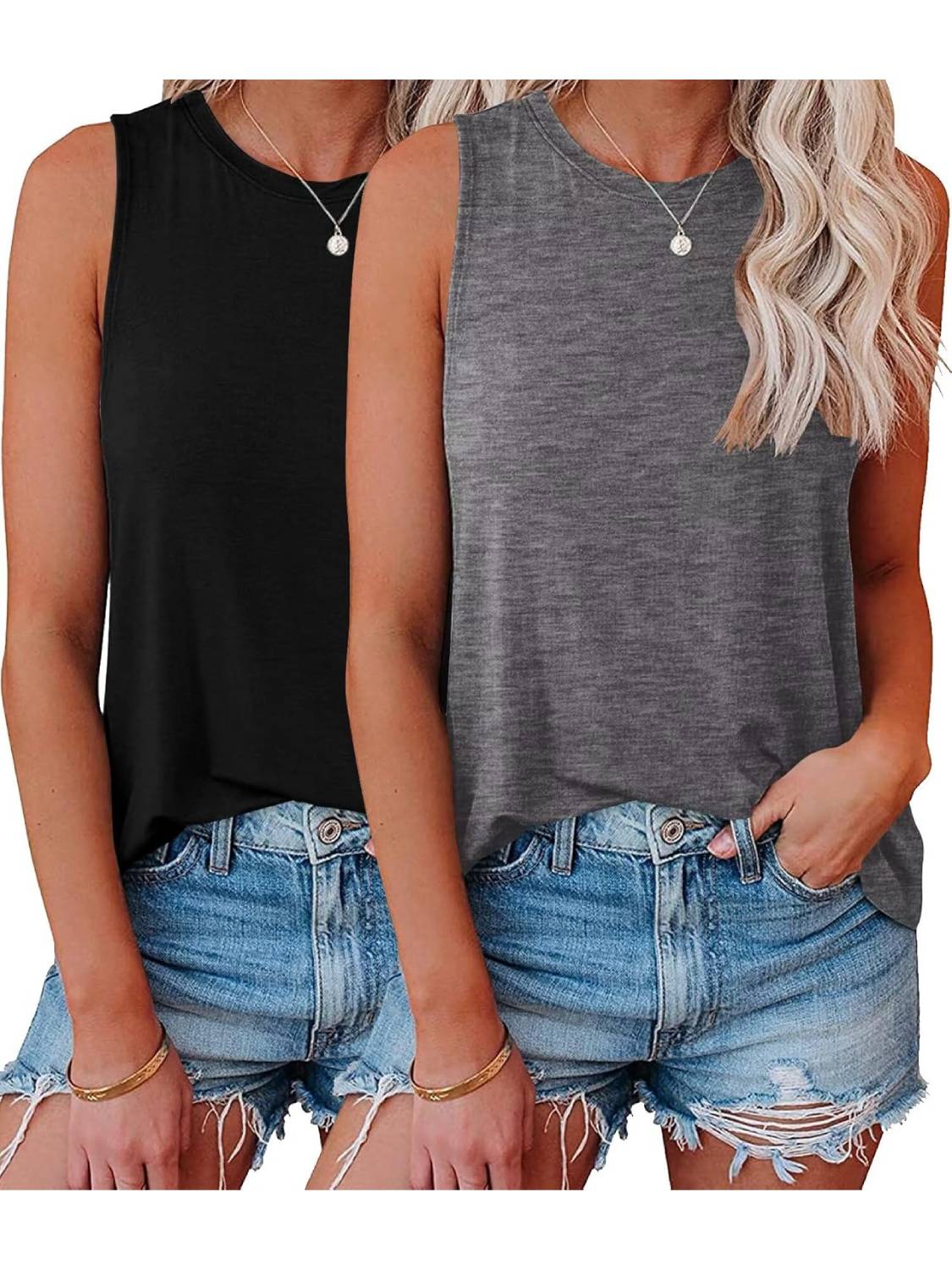 Womens Crew Neck Sleeveless Loose Fit Casual 2 Pack Tank Tops