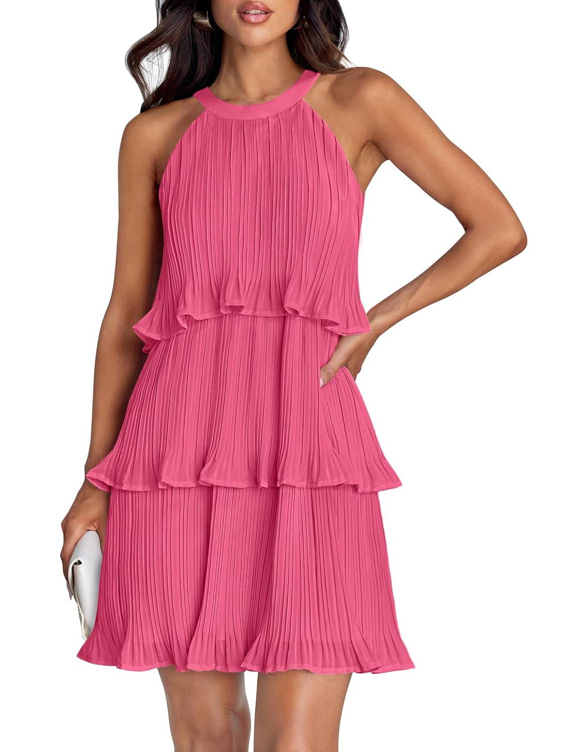 Women's Halter Sleeveless Ruffle Tiered Layered Chiffon Pleated A Line Swing Mini Dress