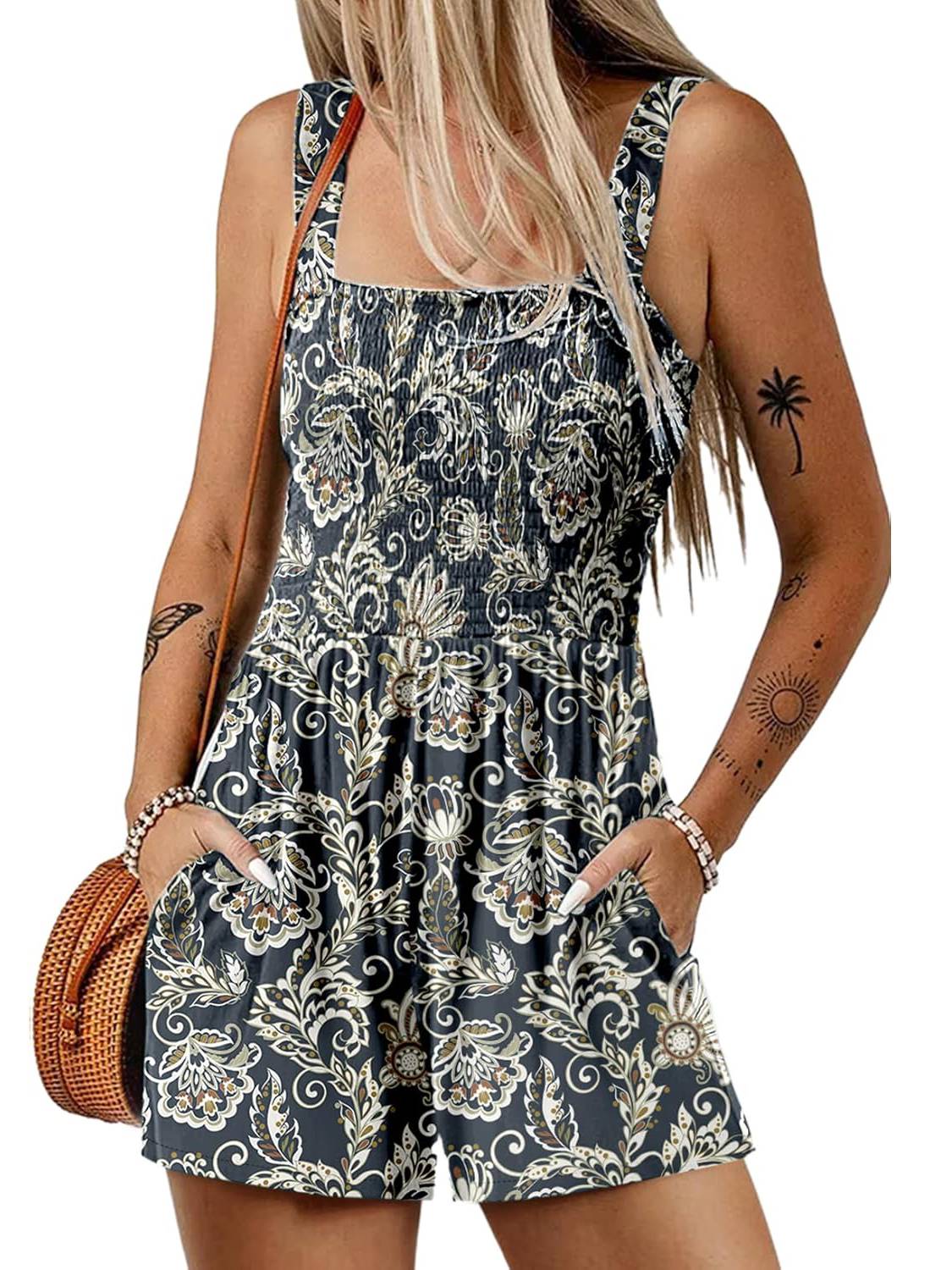 Women's Summer Square Neck Sleeveless Loose Casual Shorts Smocked Rompers