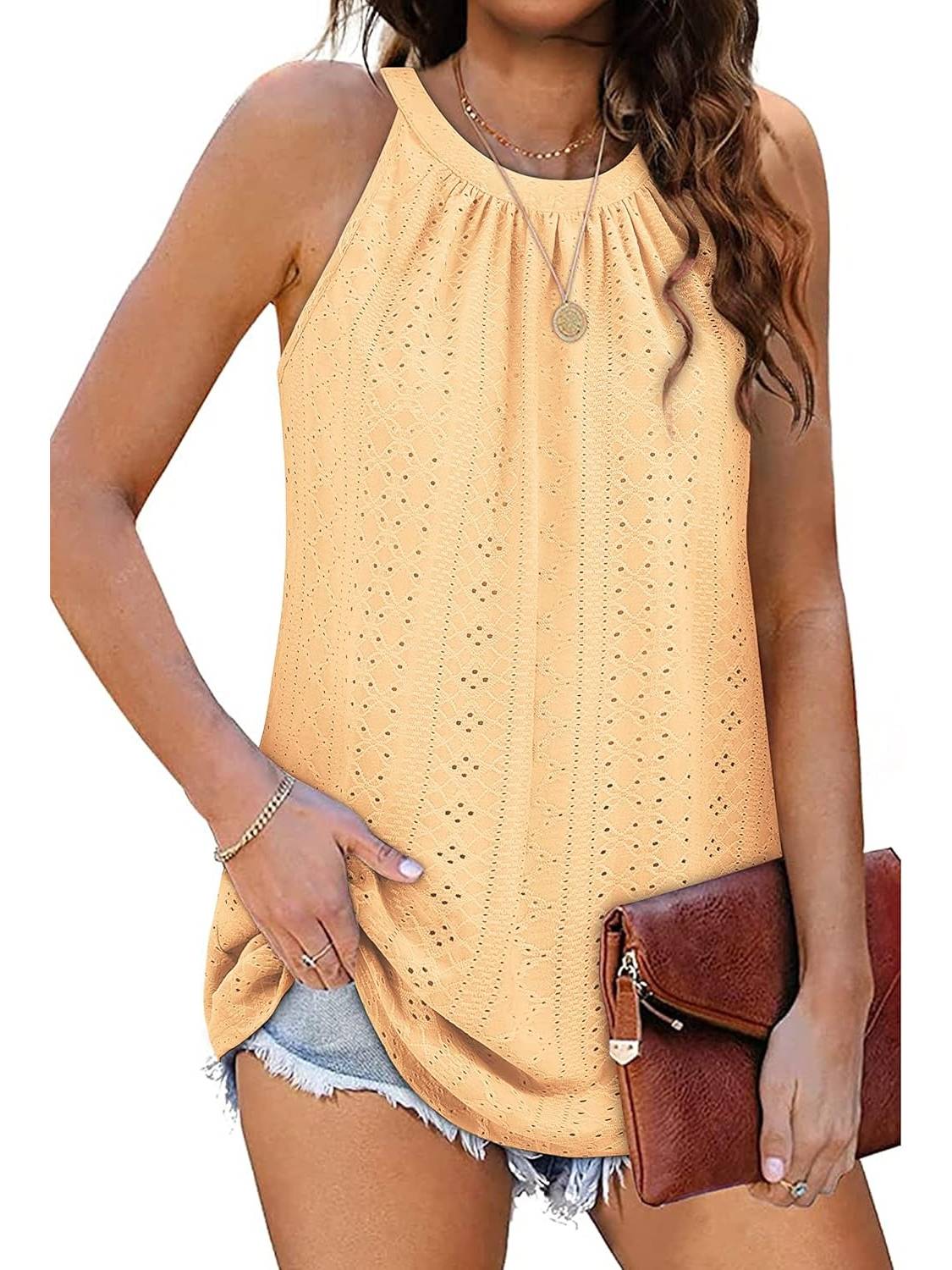Women Casual Pleated Eyelet Loose Fit High Neck Sleeveless Halter Tank Tops