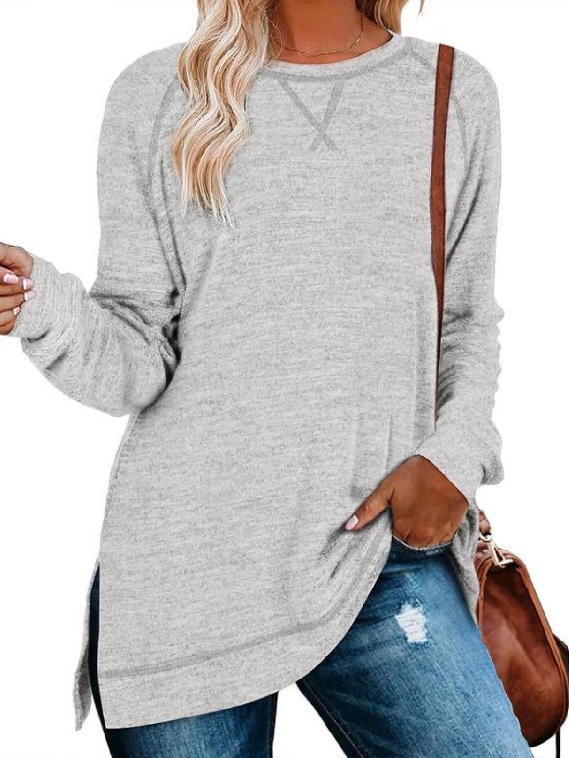 Women Fall Side slit Long Sleeve Shirts Tunic Tops