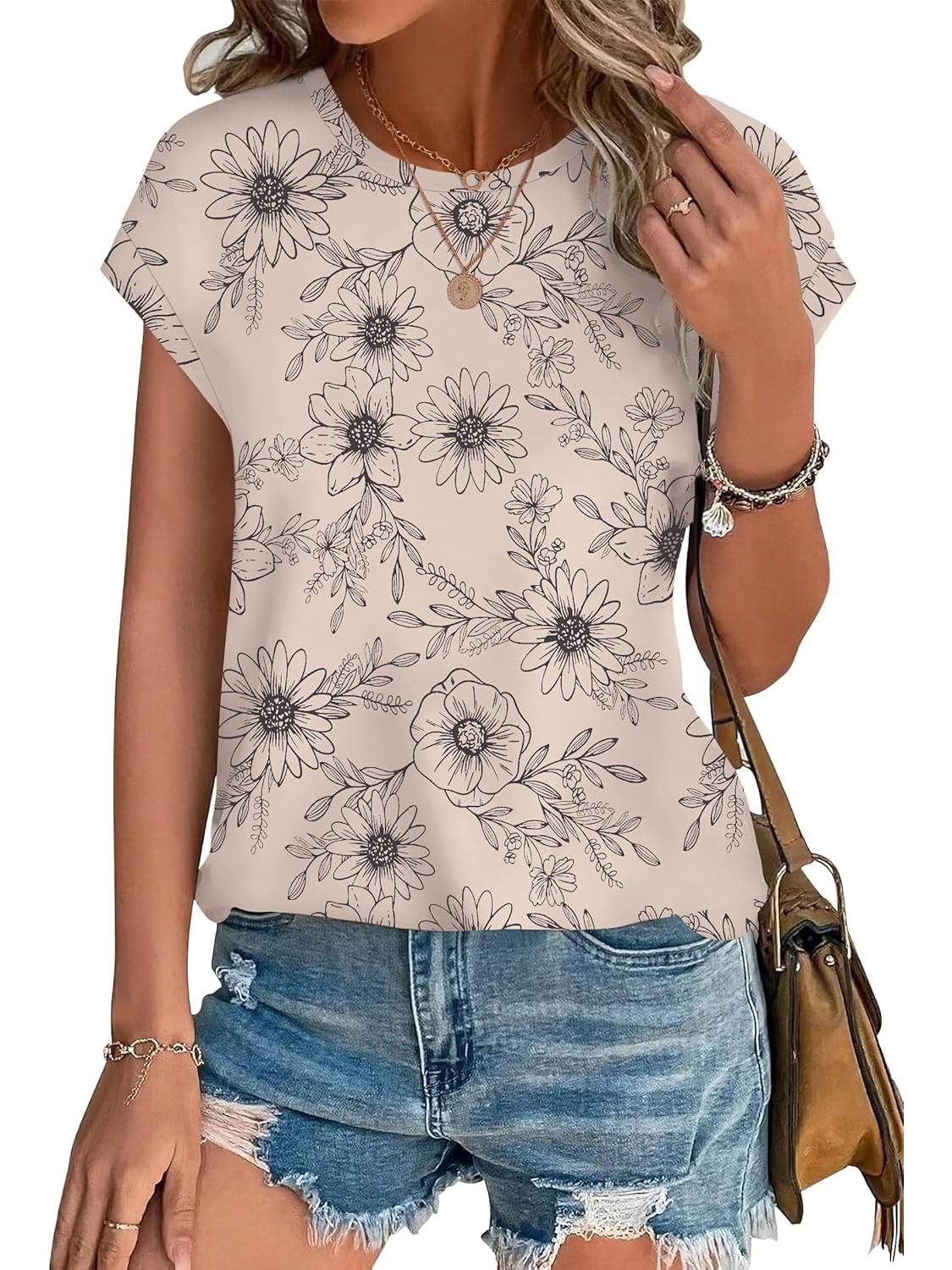 Womens Printing Dressy Casual Cap Sleeve Tops with Curved Hem