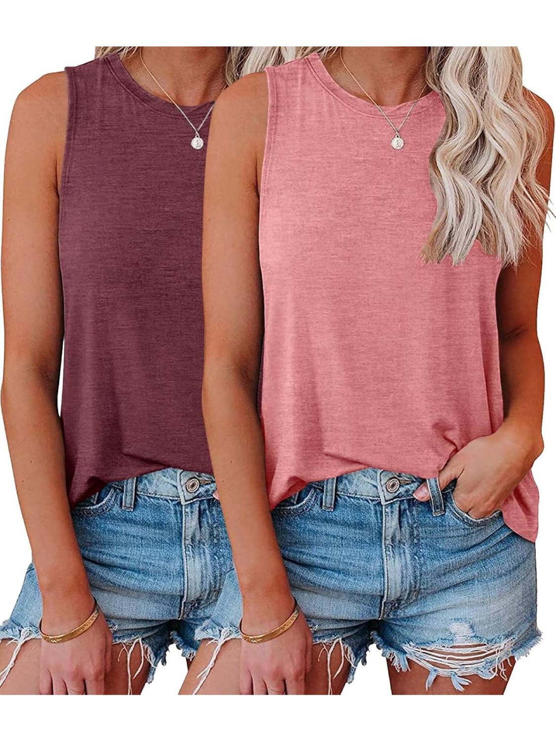 Womens Crew Neck Sleeveless Loose Fit Casual 2 Pack Tank Tops