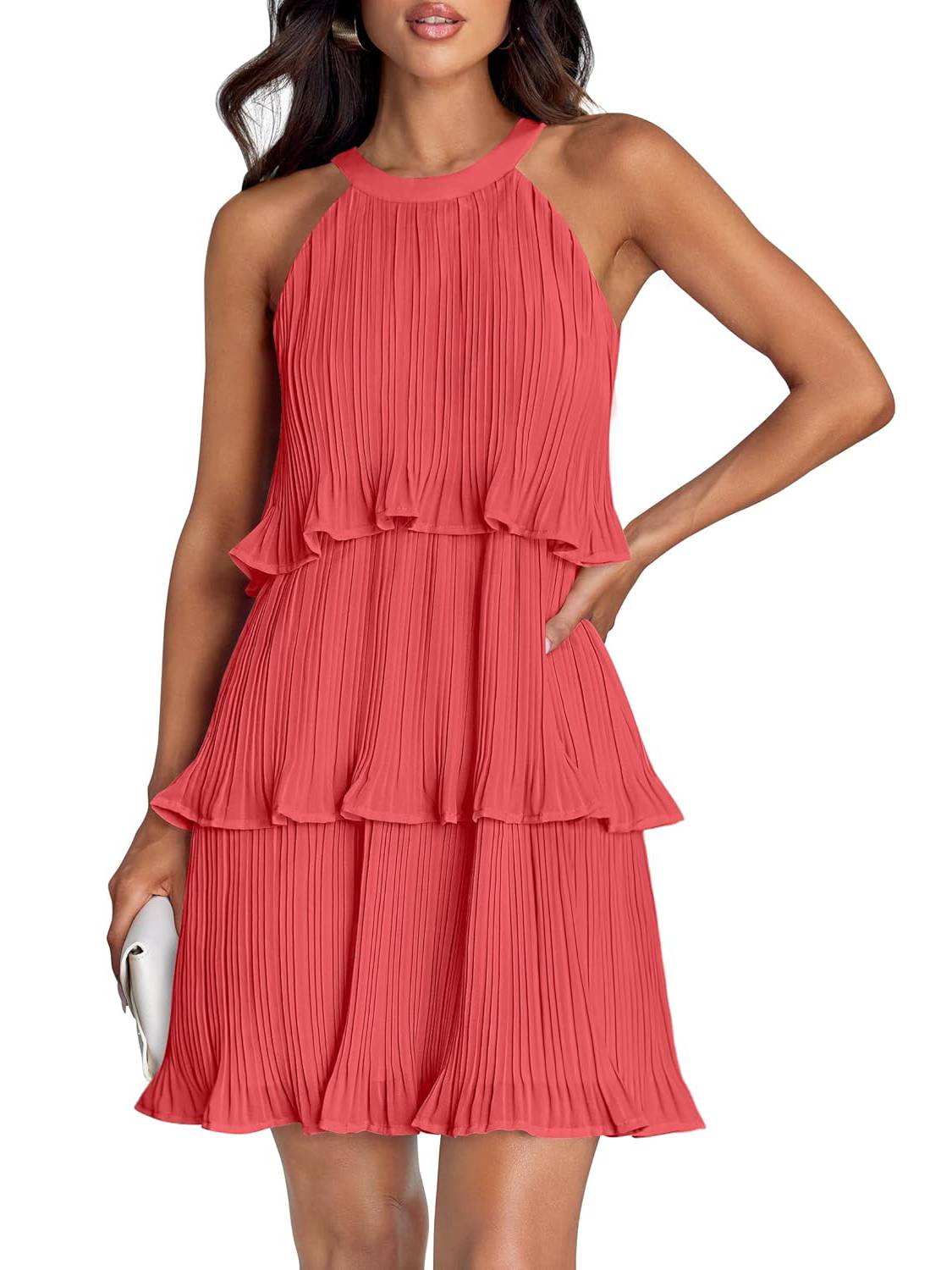 Women's Halter Sleeveless Ruffle Tiered Layered Chiffon Pleated A Line Swing Mini Dress
