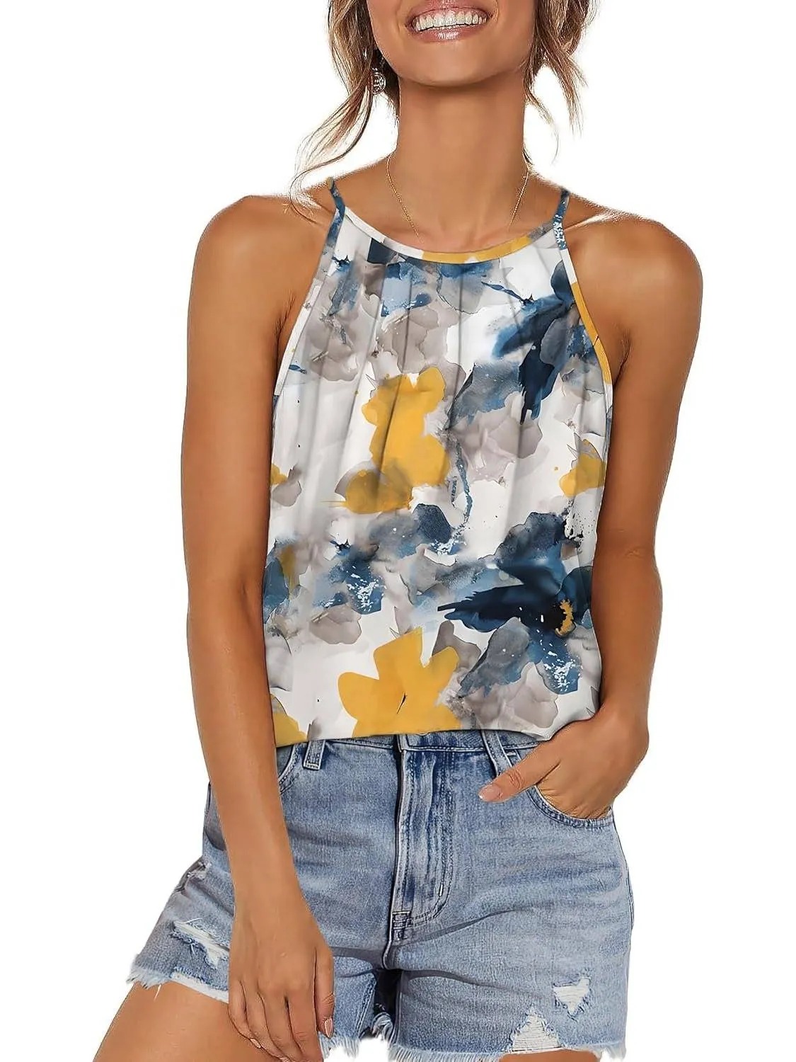 HOT SALE Women's Curved Hem Pleated Spaghetti Strap Tank Tops