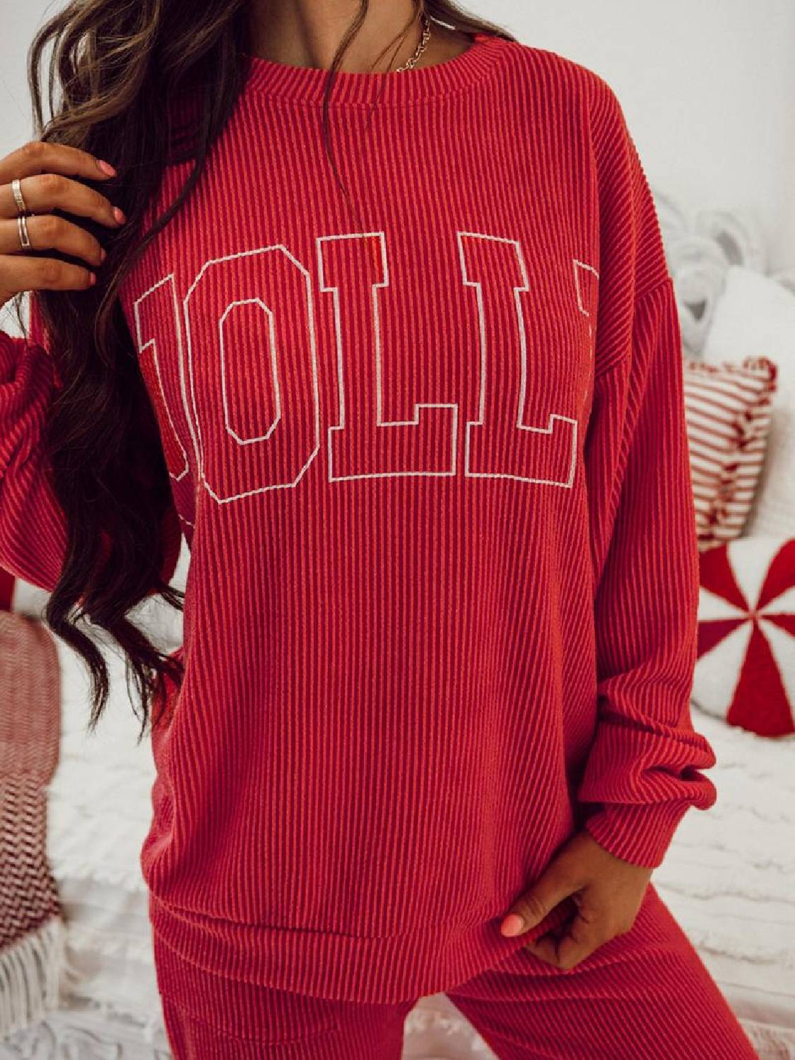 Womens JOLLY Graphic Christmas  Ribbed Long Sleeve Top and Pants 2 Piece Set
