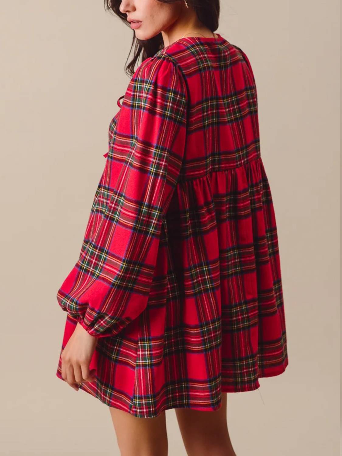 Womens Ruffle Hem Bow Long Sleeve Plaid Shift Tunic Mini Dress