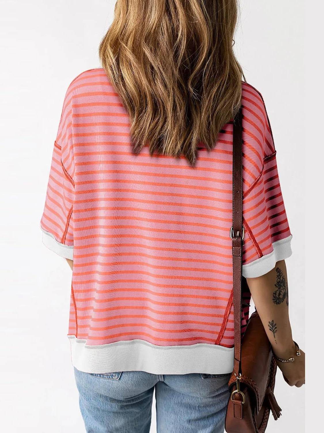 ⏰Hot Sale-Women Striped Color Block Tops Short Sleeve