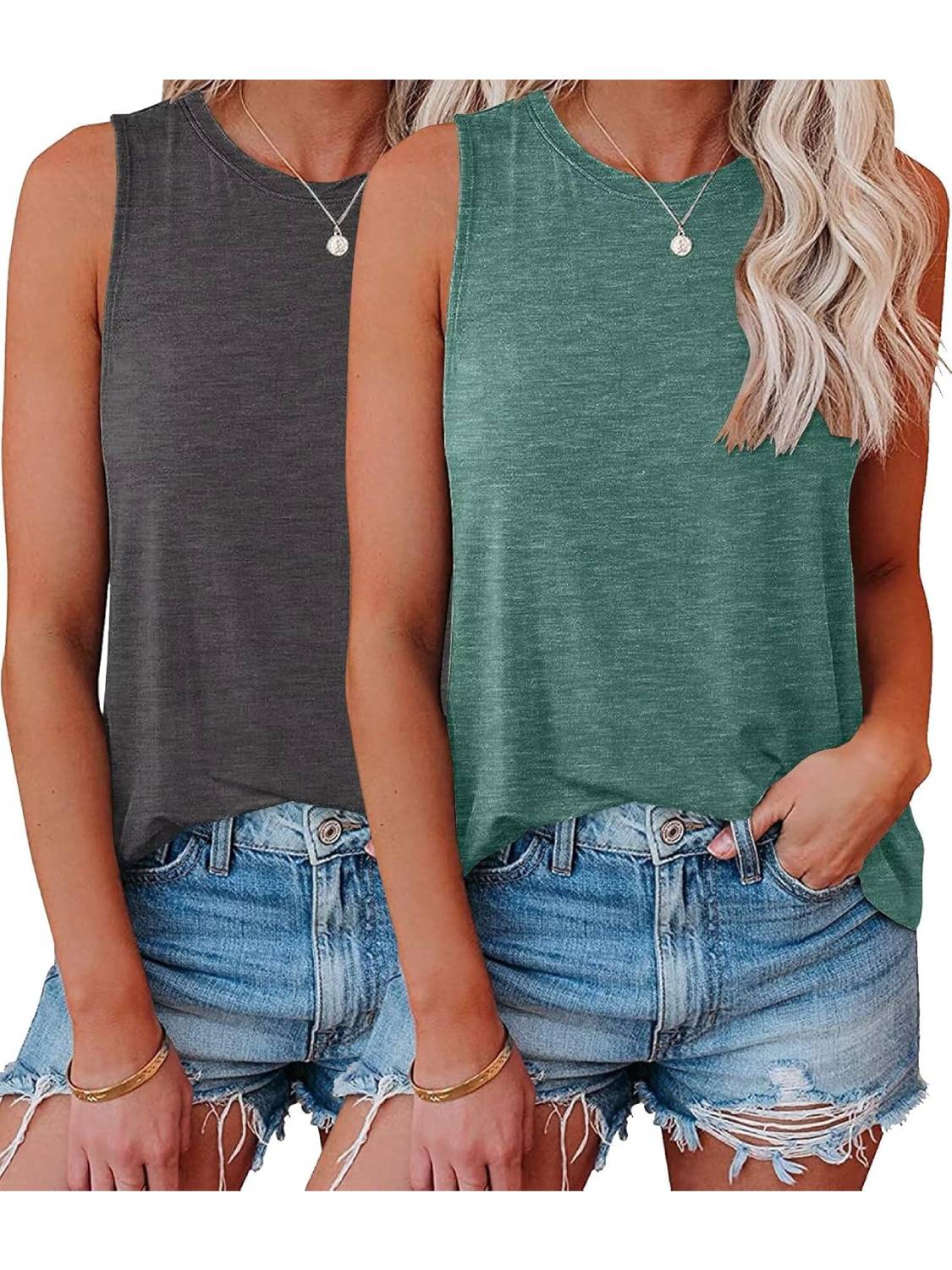 Womens Crew Neck Sleeveless Loose Fit Casual 2 Pack Tank Tops