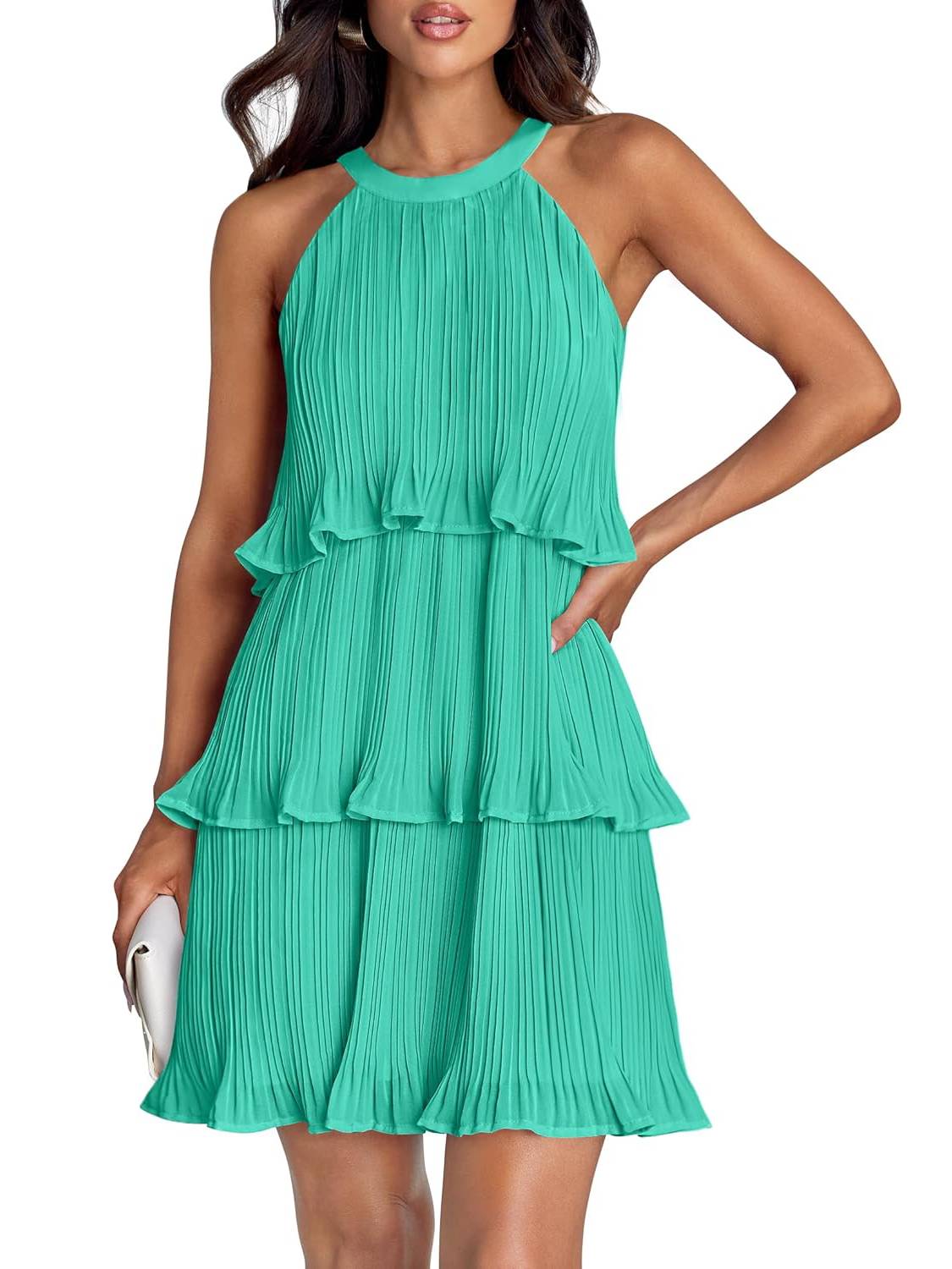 Women's Halter Sleeveless Ruffle Tiered Layered Chiffon Pleated A Line Swing Mini Dress