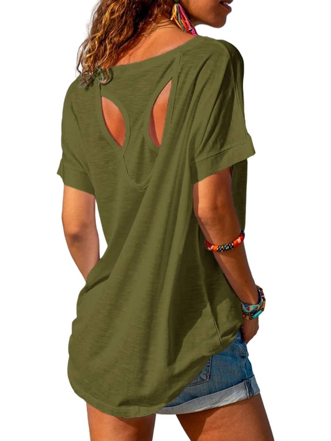 Women Open Back Athlete Loose Fitting Workout Casual Yoga T-Shirt