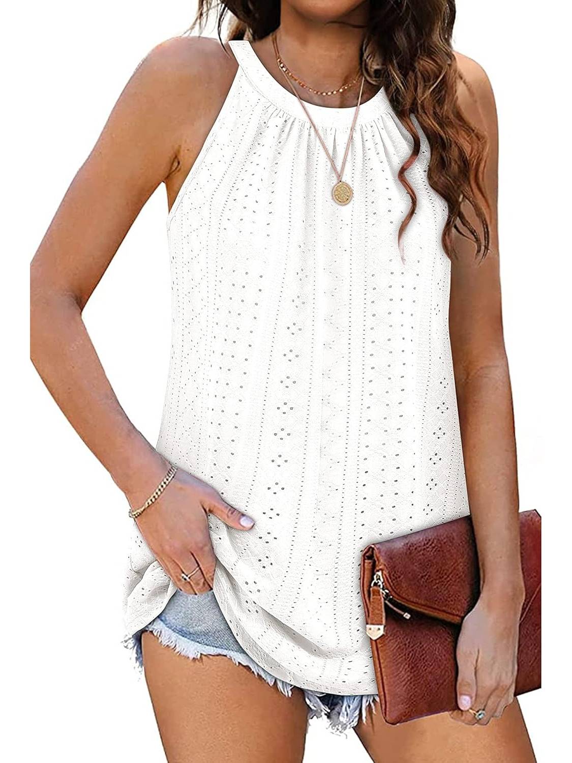 Women Casual Pleated Eyelet Loose Fit High Neck Sleeveless Halter Tank Tops