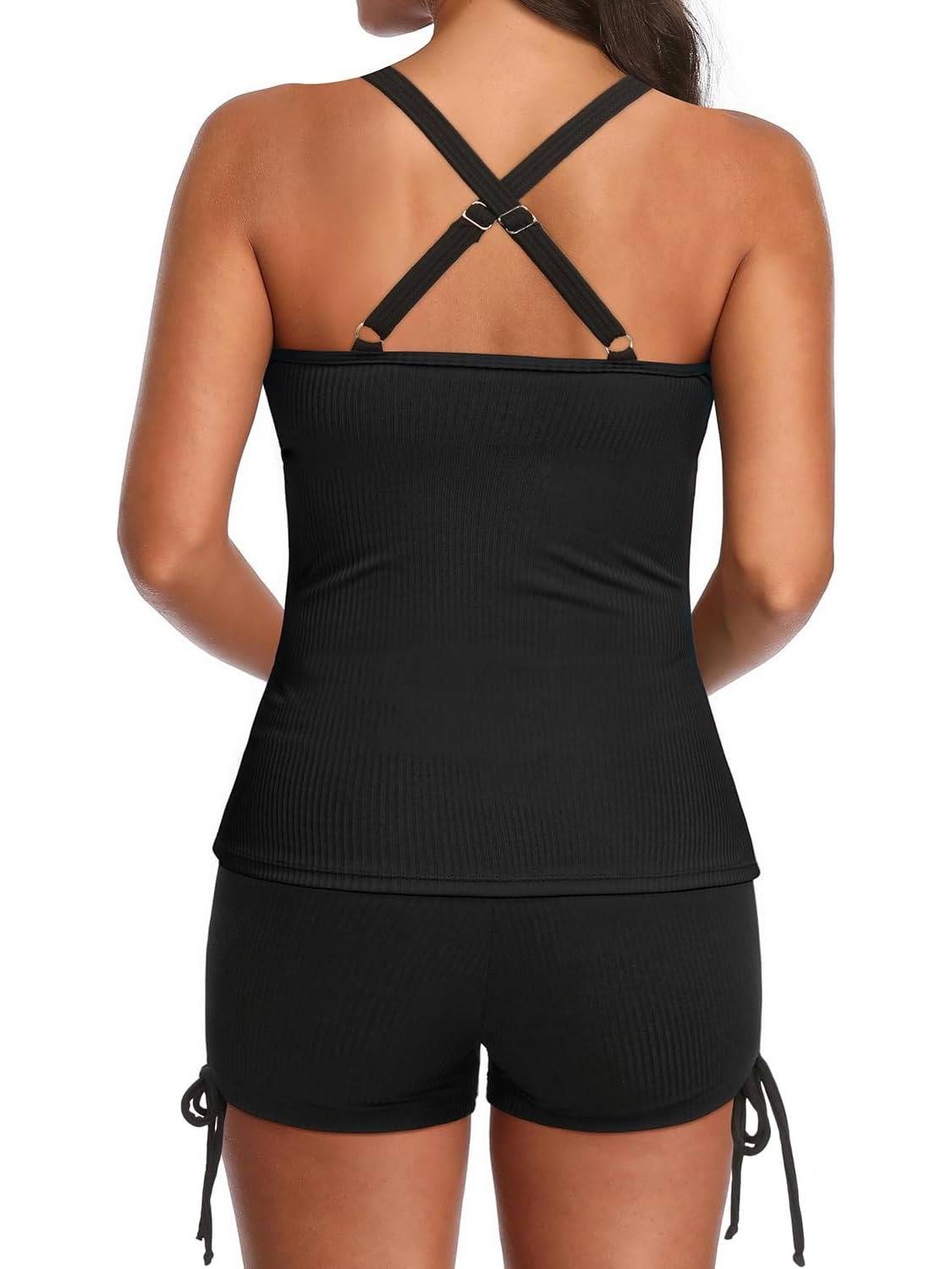 Womens Ribbed Tankini Top Bathing Shorts Tummy Control Two Piece Tankini Swimsuits
