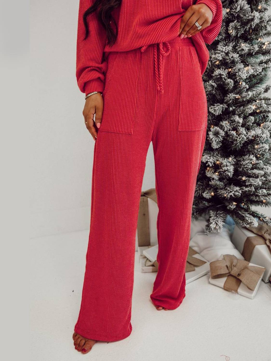 Womens JOLLY Graphic Christmas  Ribbed Long Sleeve Top and Pants 2 Piece Set