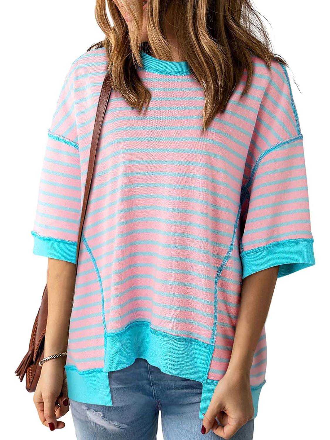⏰Hot Sale-Women Striped Color Block Tops Short Sleeve