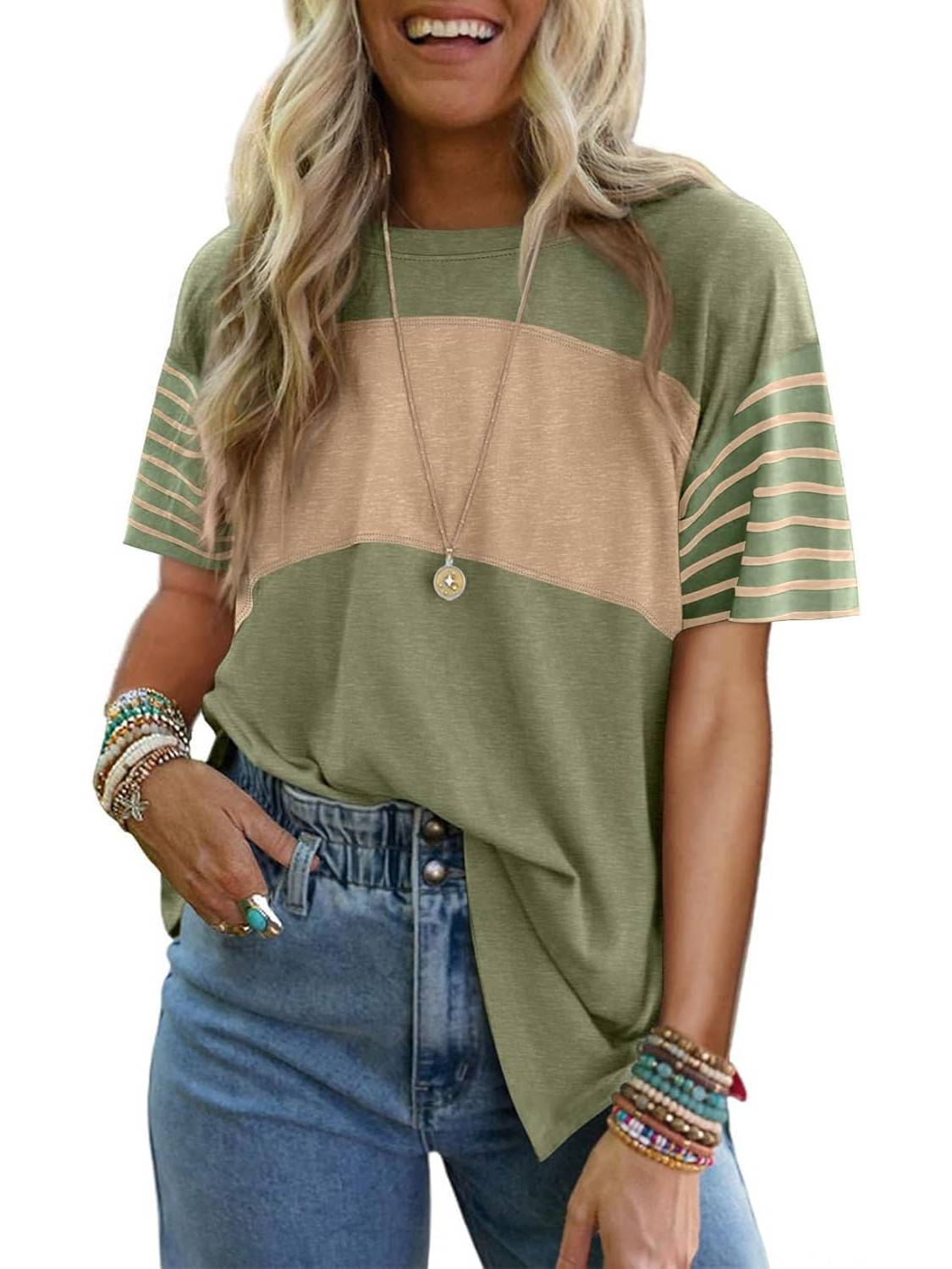 Women's Oversized Crewneck Casual Color Block Striped Shirts Blouses