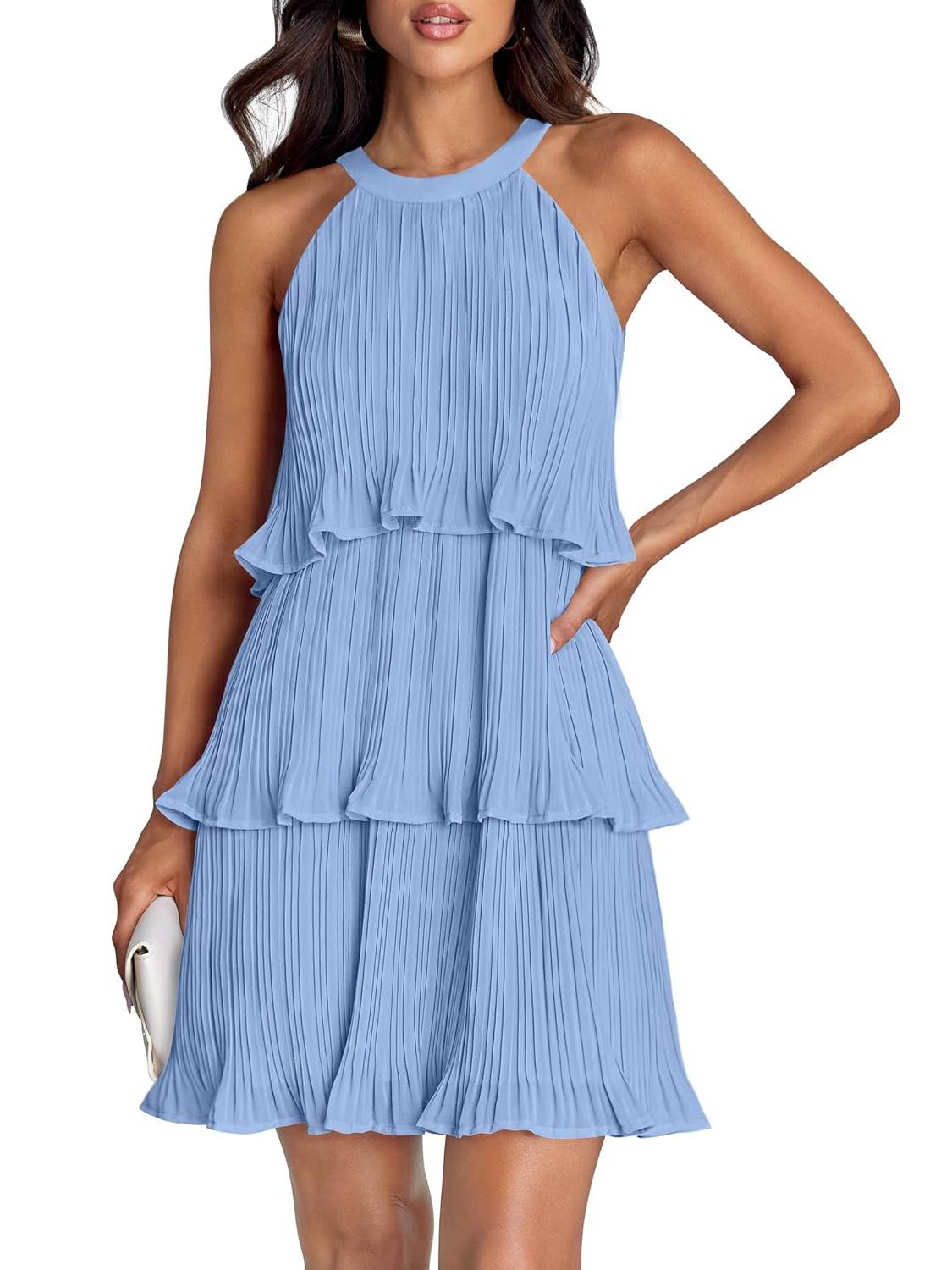 Women's Halter Sleeveless Ruffle Tiered Layered Chiffon Pleated A Line Swing Mini Dress