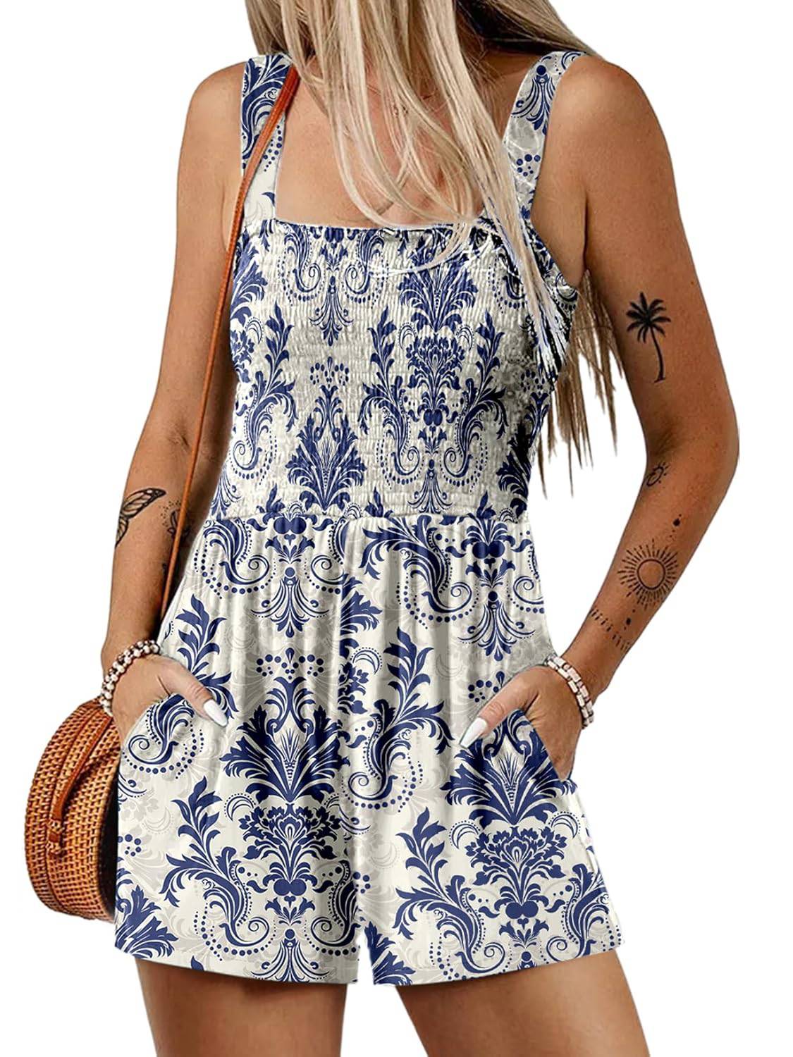 Women's Summer Square Neck Sleeveless Loose Casual Shorts Smocked Rompers