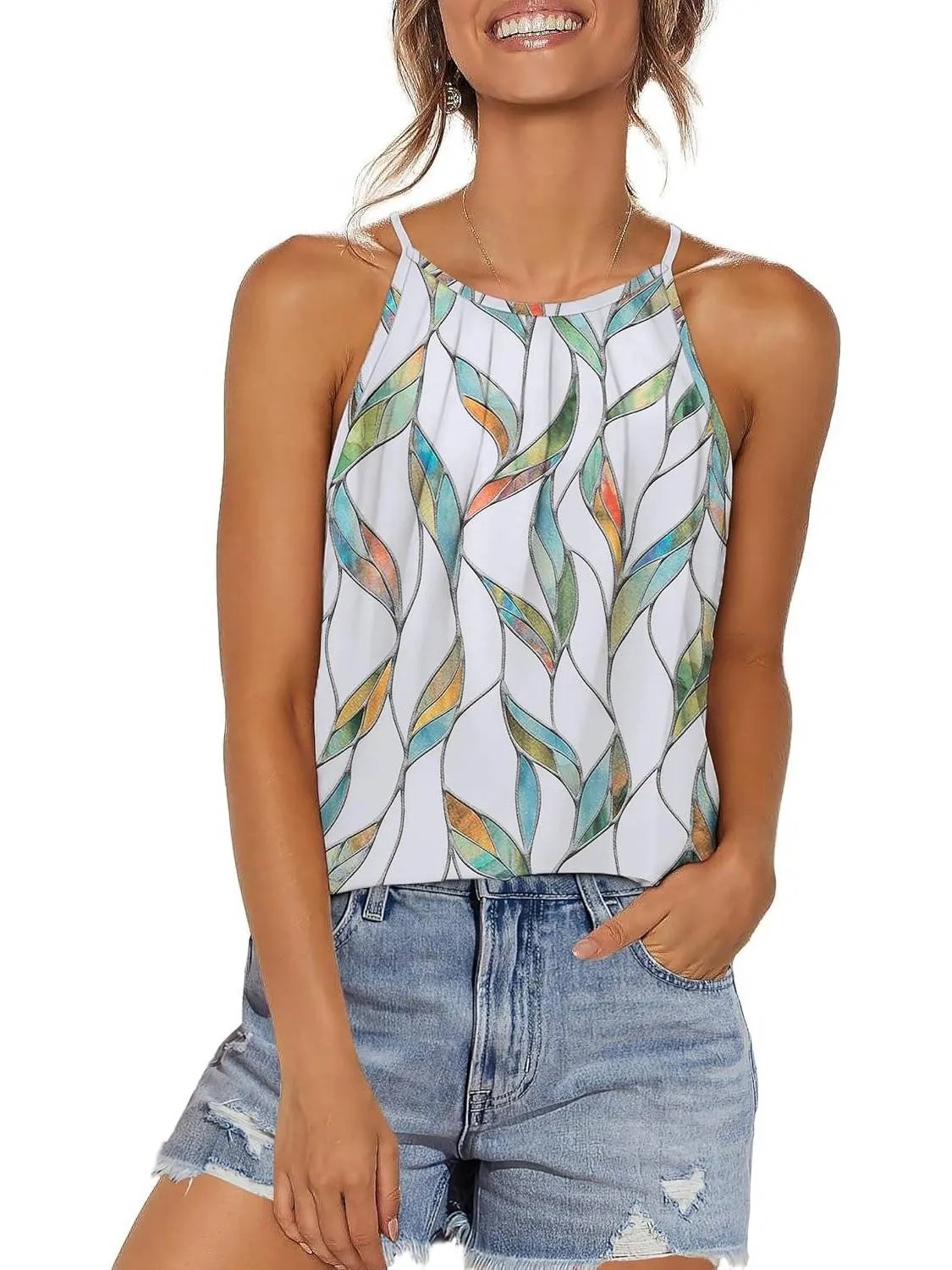 HOT SALE Women's Curved Hem Pleated Spaghetti Strap Tank Tops