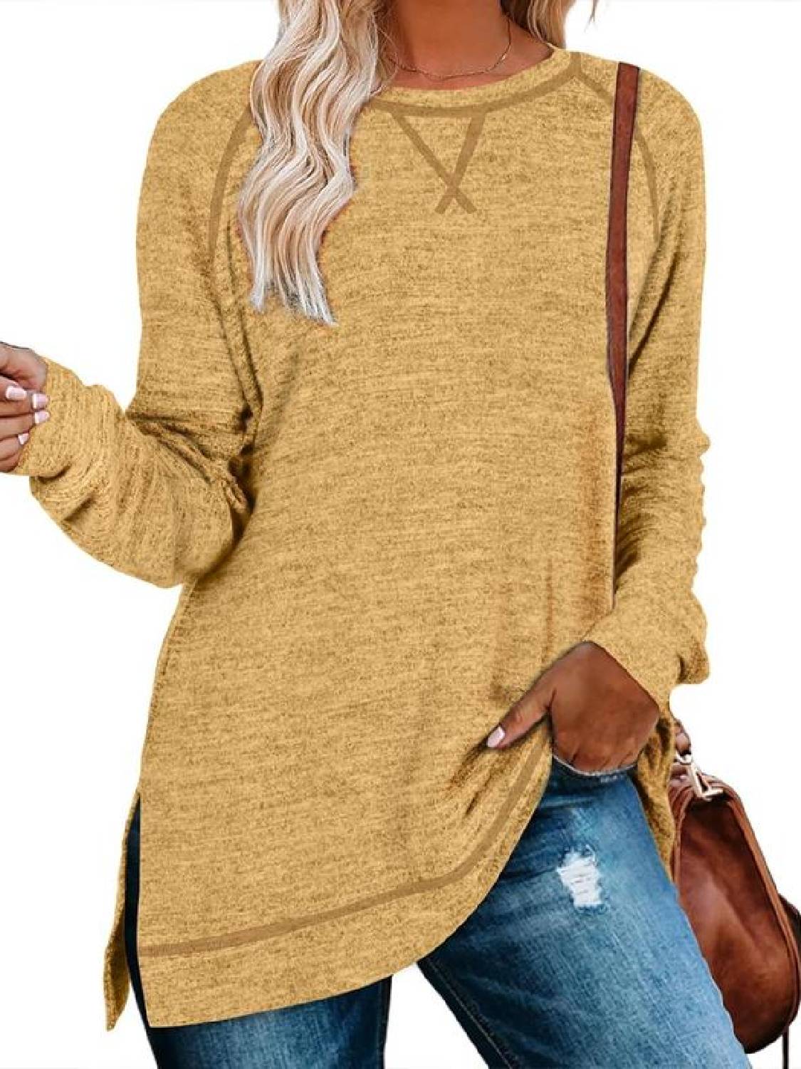 Women Fall Side slit Long Sleeve Shirts Tunic Tops