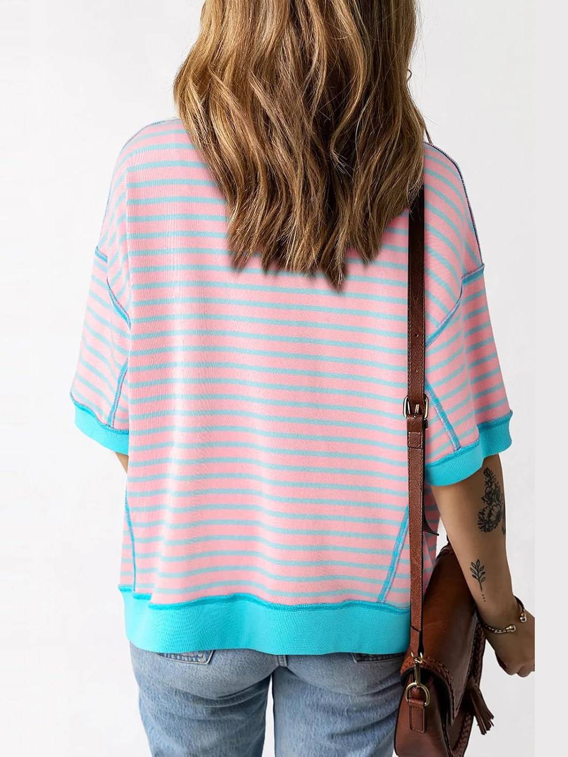 ⏰Hot Sale-Women Striped Color Block Tops Short Sleeve