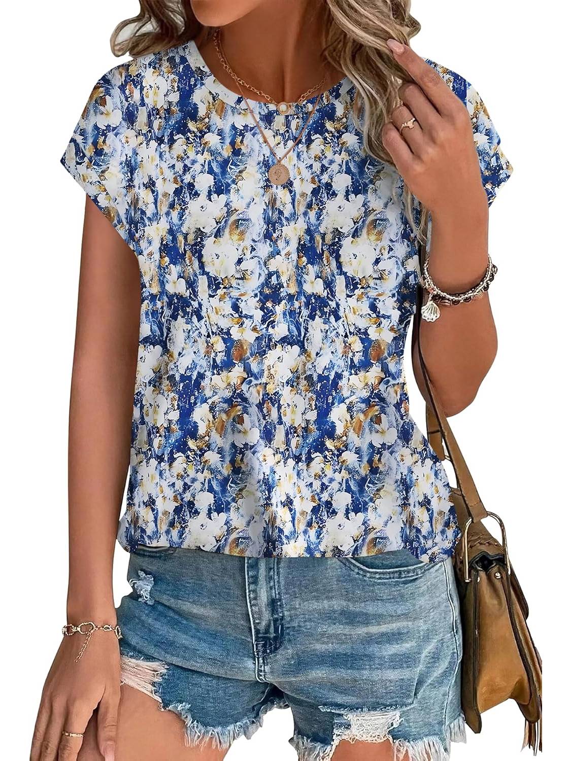 Womens Printing Dressy Casual Cap Sleeve Tops with Curved Hem
