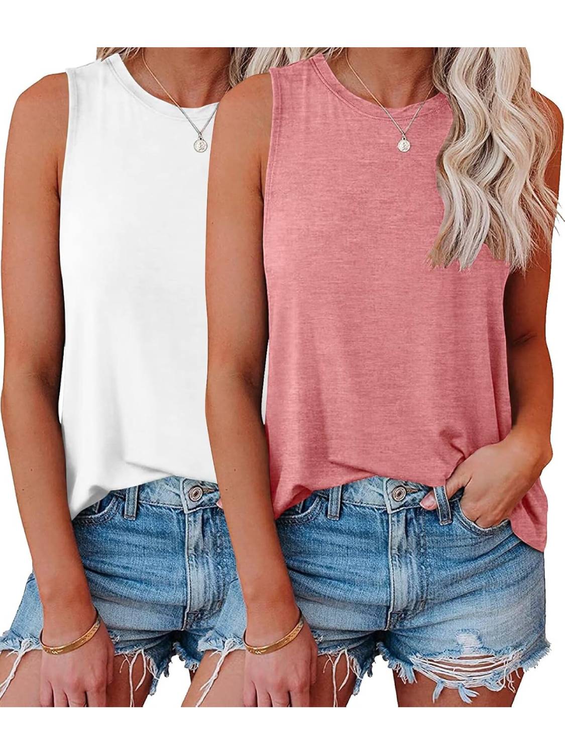 Womens Crew Neck Sleeveless Loose Fit Casual 2 Pack Tank Tops