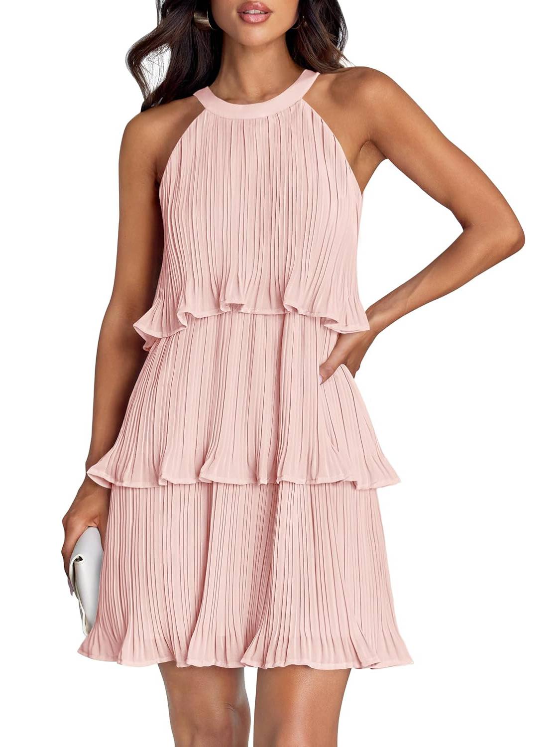 Women's Halter Sleeveless Ruffle Tiered Layered Chiffon Pleated A Line Swing Mini Dress