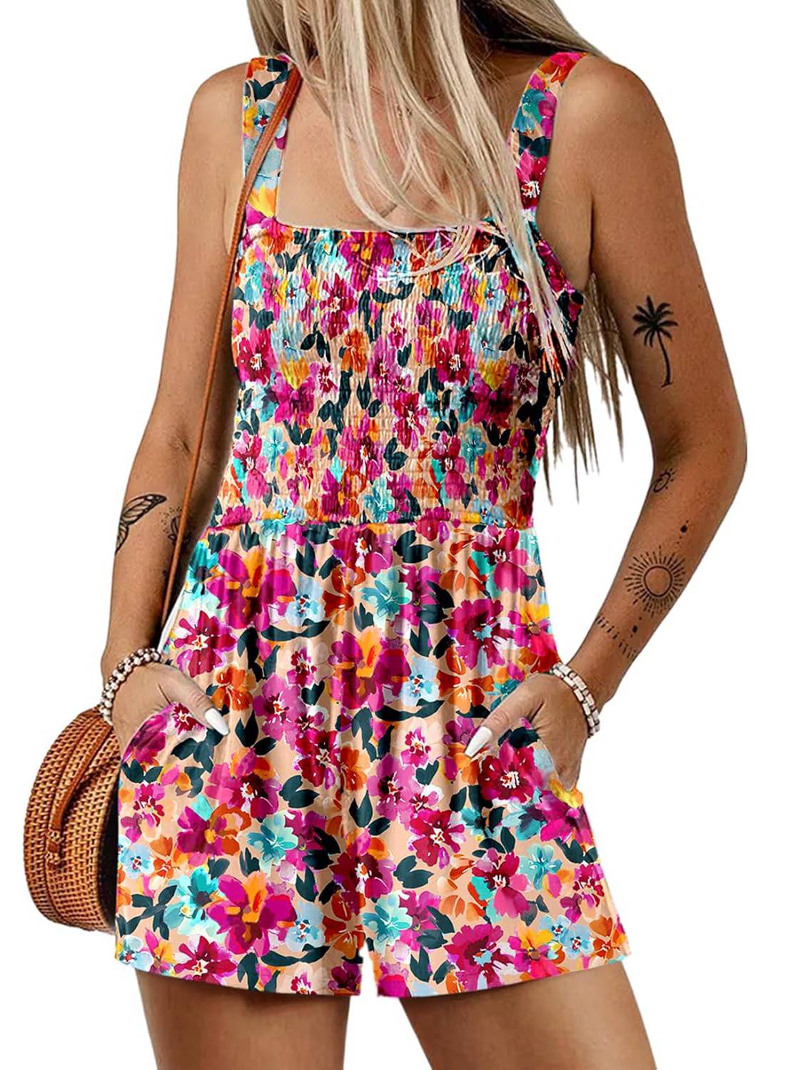 Women's Summer Square Neck Sleeveless Loose Casual Shorts Smocked Rompers