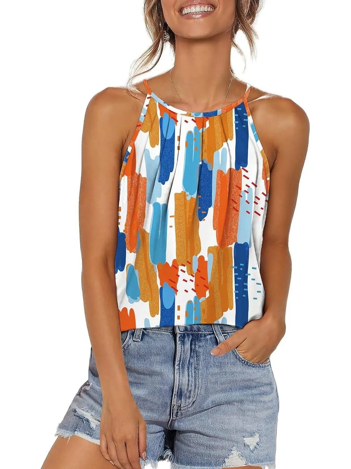 HOT SALE Women's Curved Hem Pleated Spaghetti Strap Tank Tops