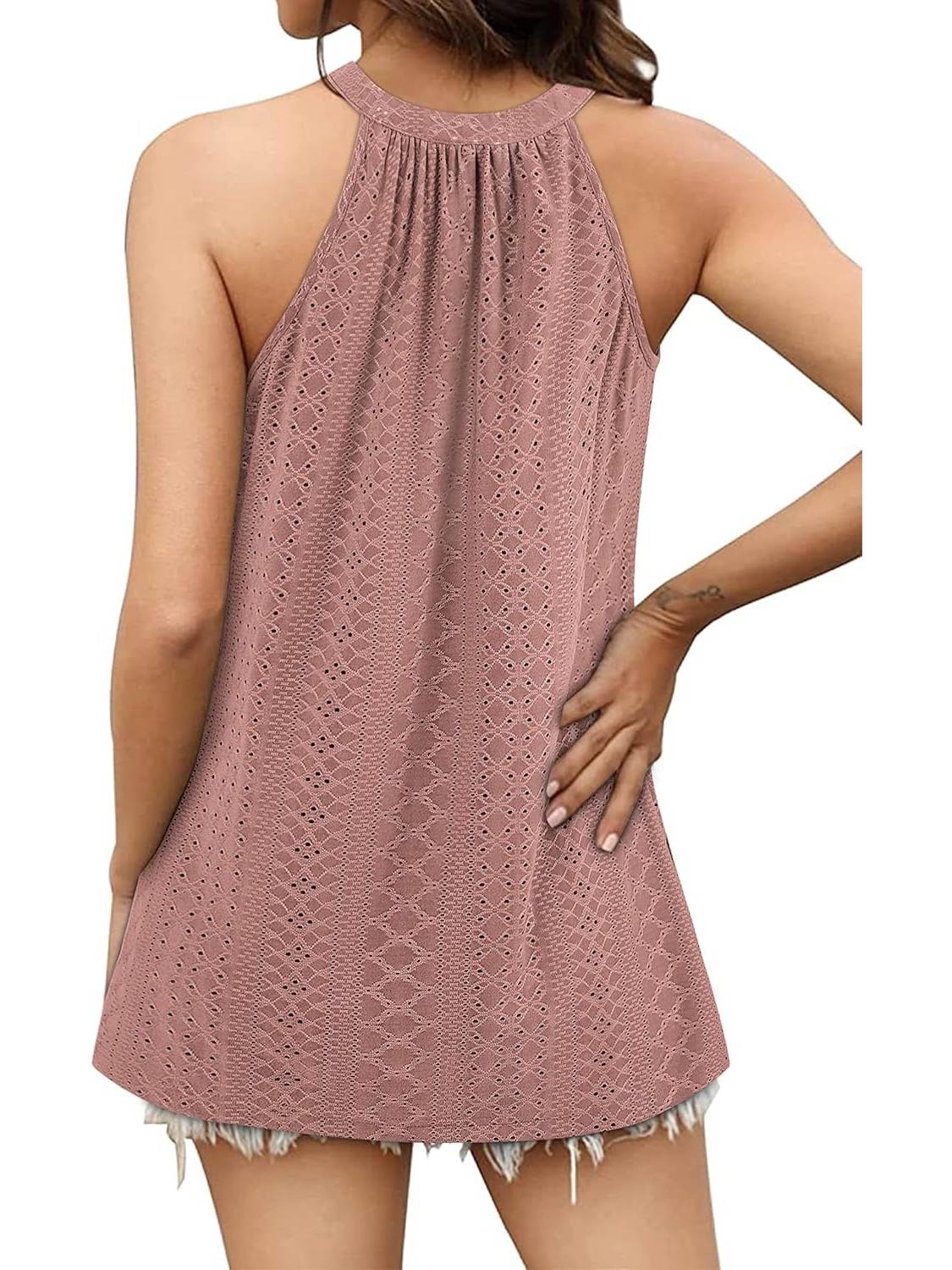 Women Casual Pleated Eyelet Loose Fit High Neck Sleeveless Halter Tank Tops