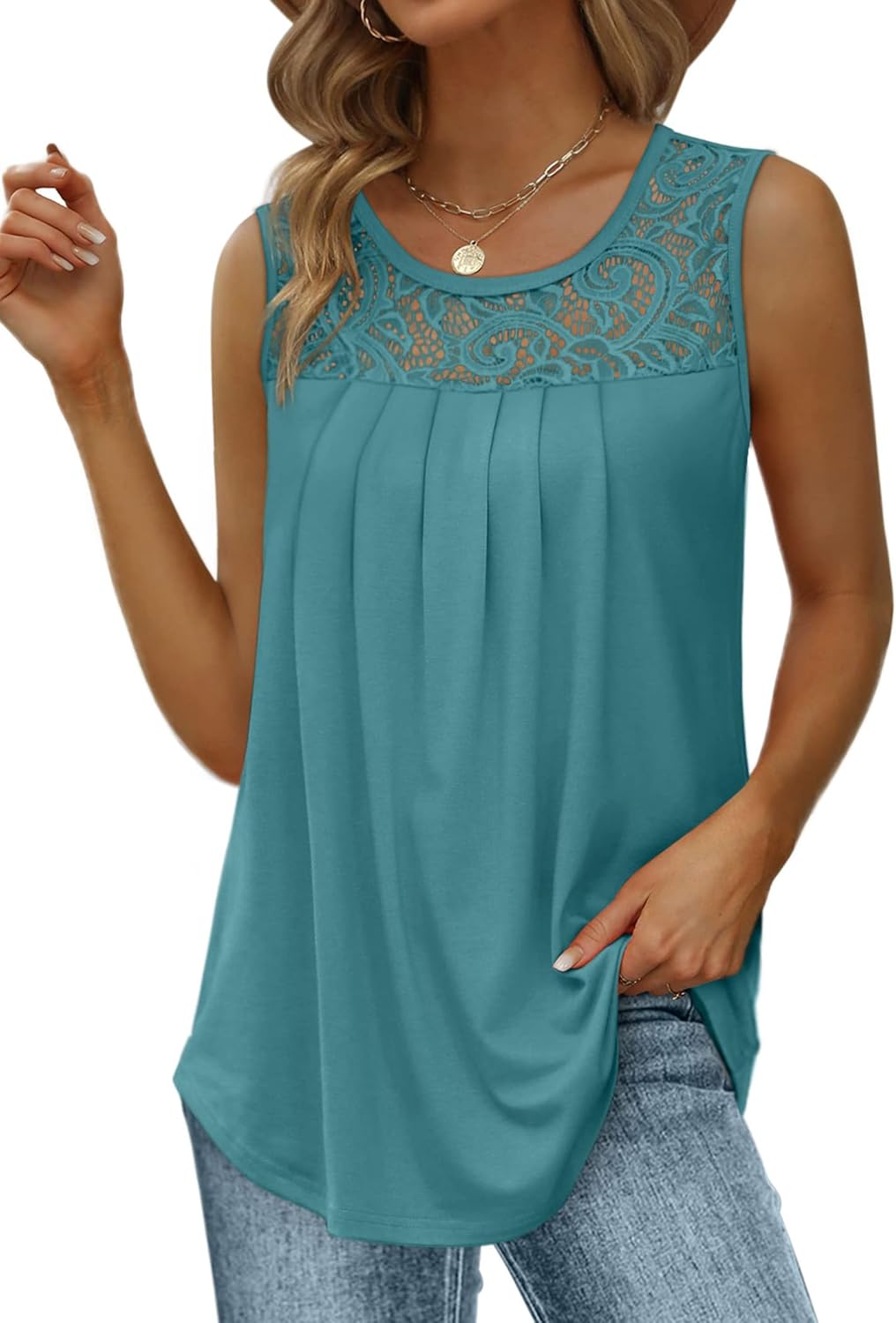 Women's Loose Fit Pleated Scoop Neck Sleeveless Lace Tank Tops (Buy 3 Free Shipping)