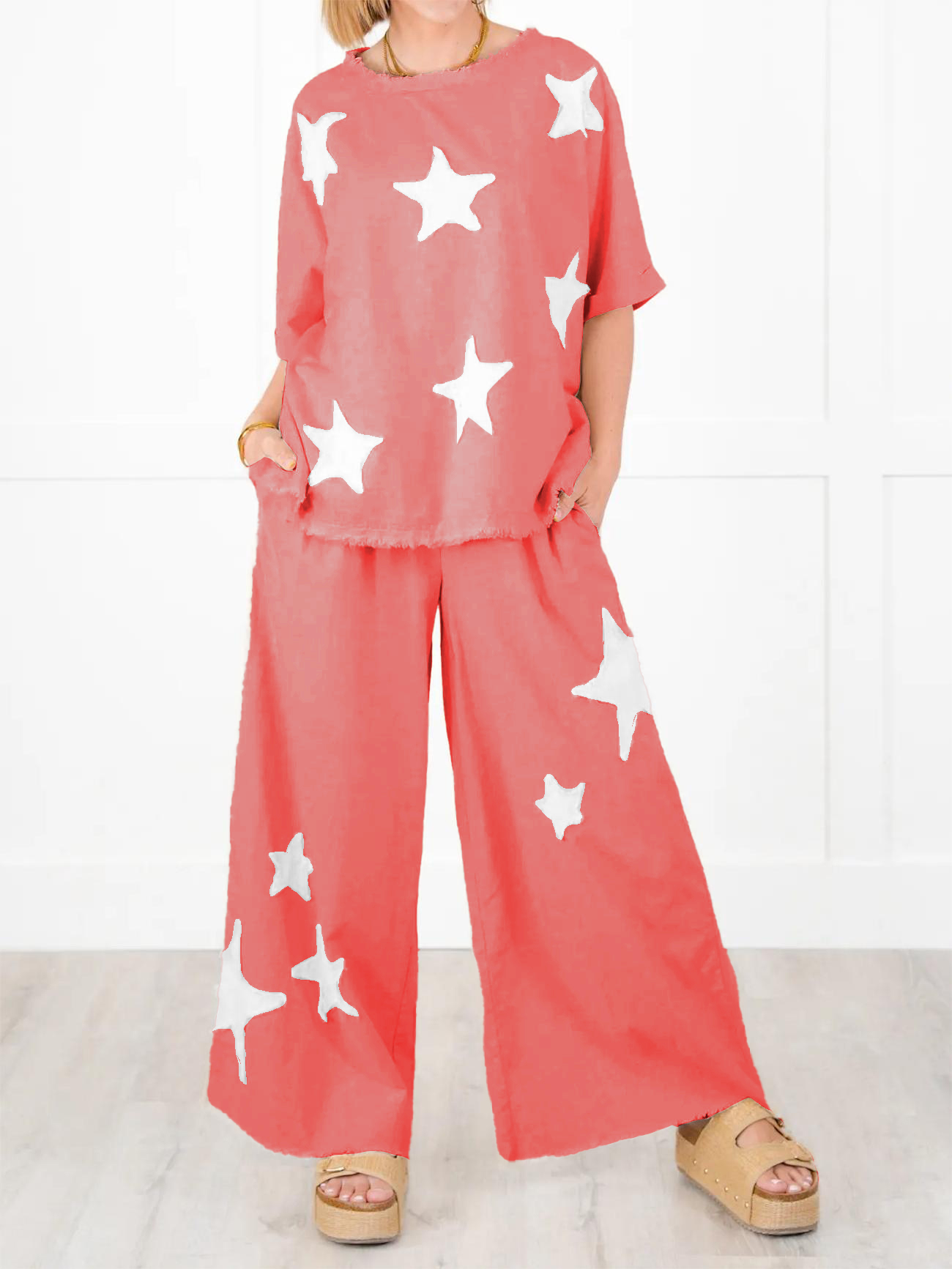Women's Short Sleeve Top And Wide Leg Pant Set With Star Patch Detail(50% OFF🔥)