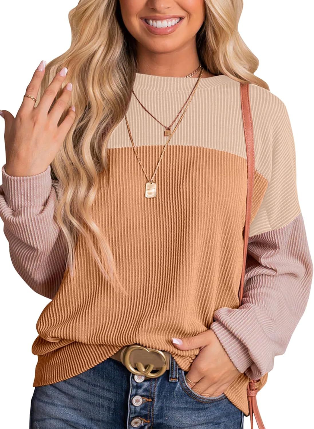 Womens Color Block Long Sleeve Crewneck Knitted Pullover Sweatshirt Tops