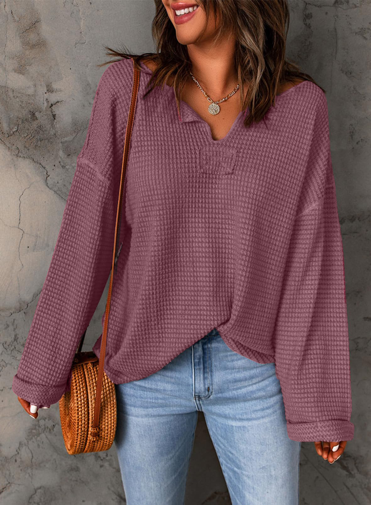 Casual Notched Neck Drop Shoulder Waffle Knit Top