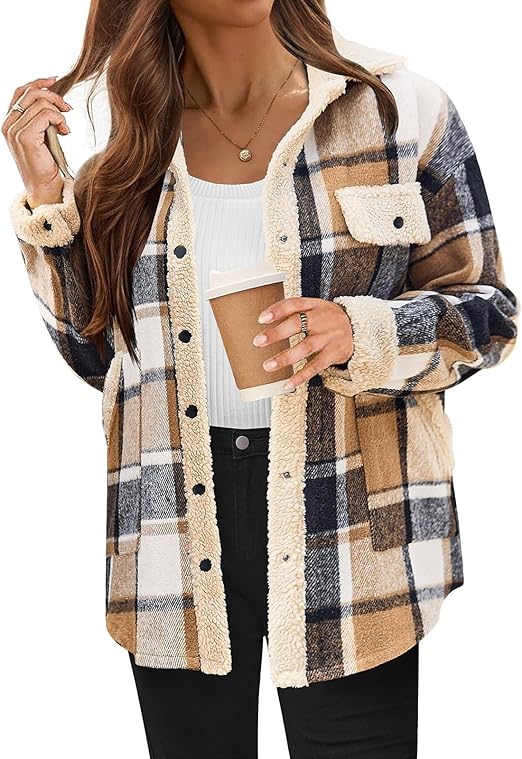 ⏰Hot Sale-Women's Fleece Flannel Button Down Plaid Shacket Jacket(BUY 2 FREE SHIPPING)