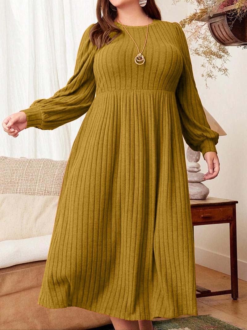 Plus Size Solid Color Bishop Sleeve A Line Dress