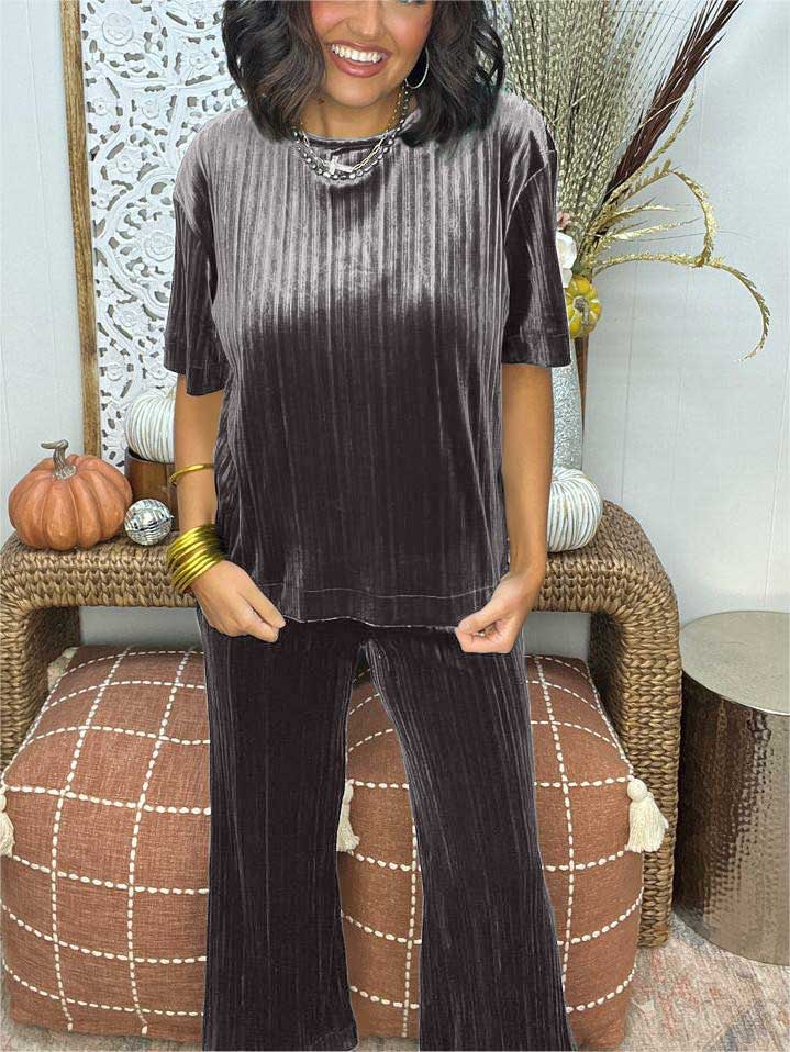 Velvet Pleat Detail Top And Pant Set (Buy 2 Free Shipping)
