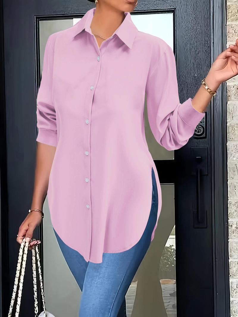 Women's Plain Button Front Split Side Shirt