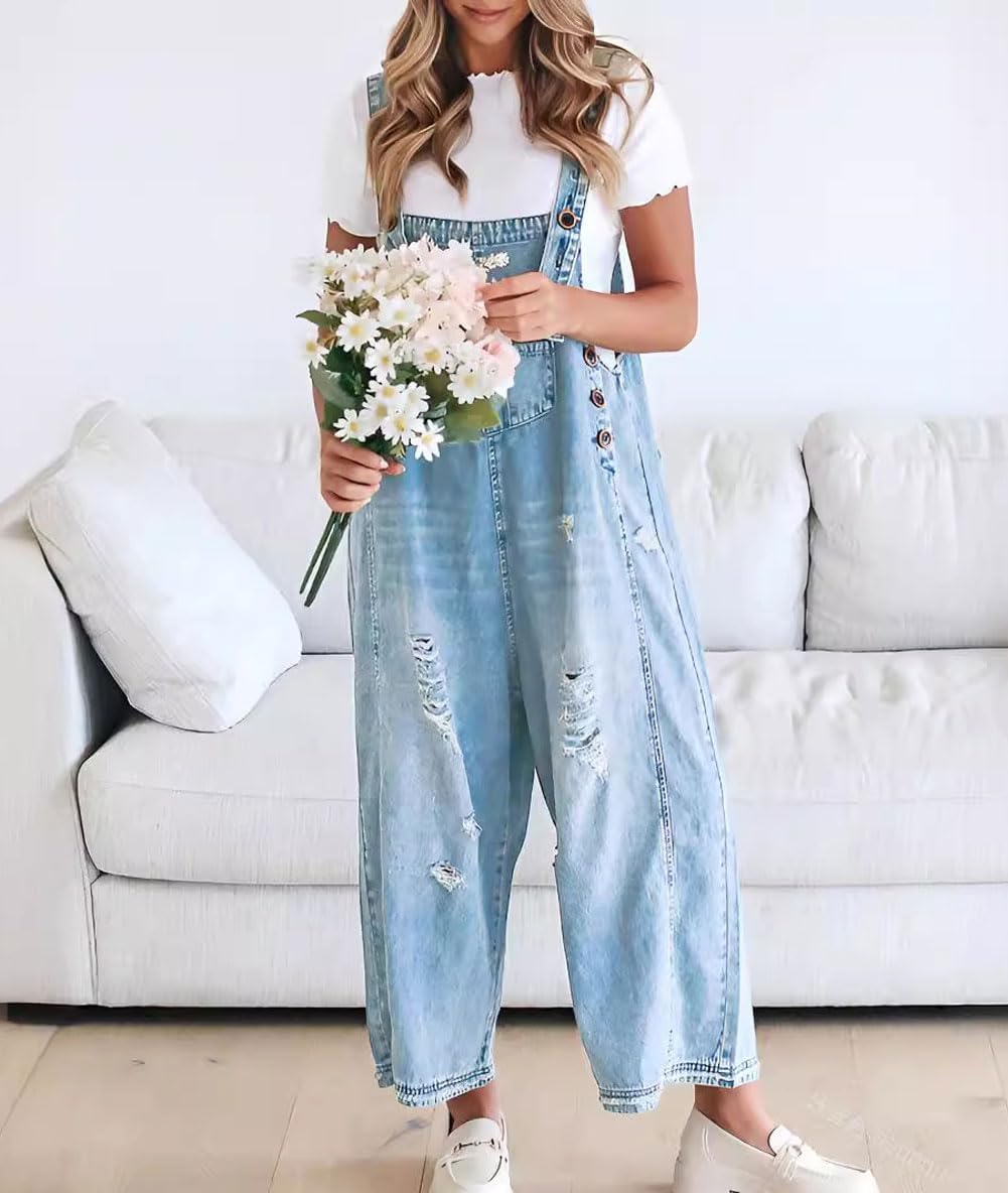 Loose Fit Adjustable Strap Distressed Denim Bib Overalls(buy 2 free shipping!!!)