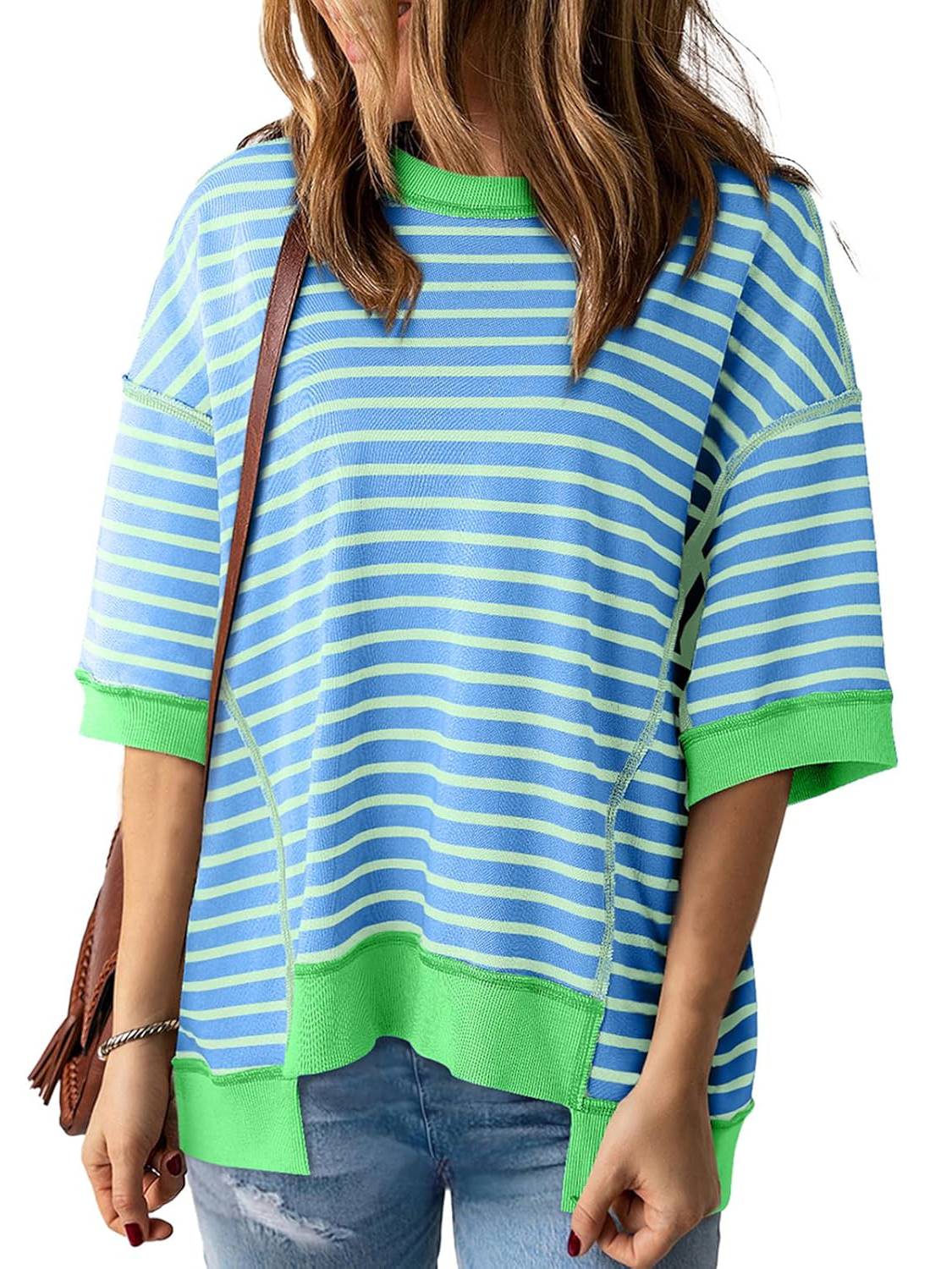 ⏰Hot Sale-Women Striped Color Block Tops Short Sleeve