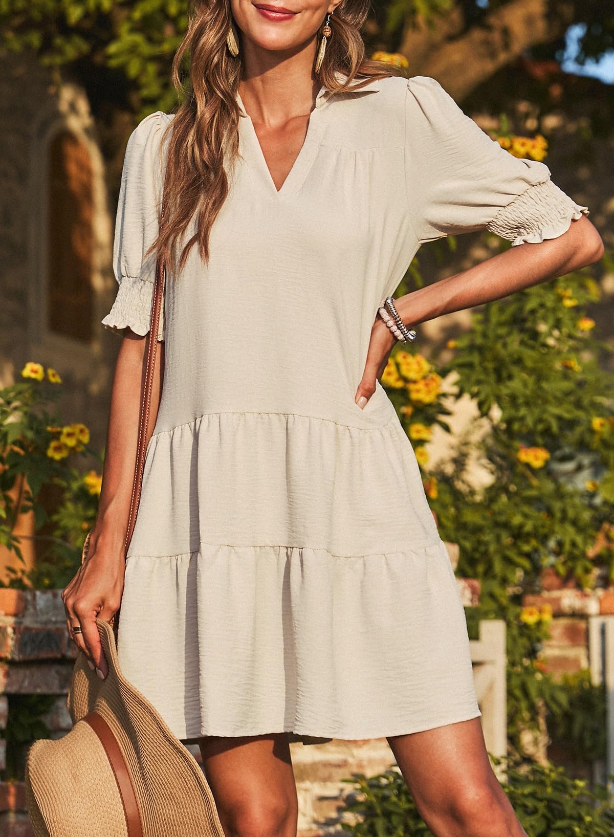 Smocked Sleeve Tiered V-Neck Mini Dress (buy 2 free shipping!!!)