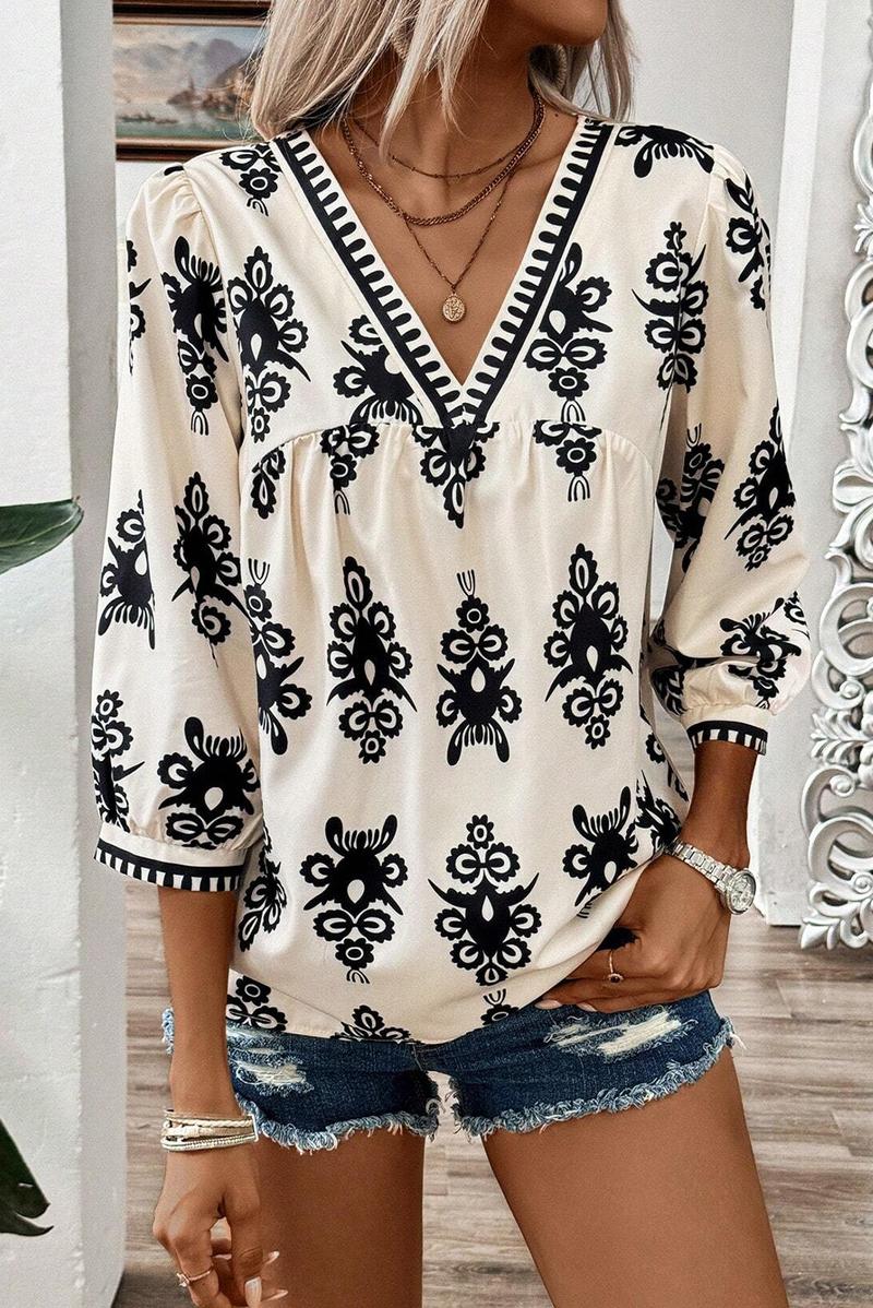 HOT SALE Women's Vintage Geometric Printed 3/4 Sleeve V Neck Blouse