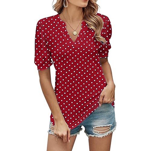 Women's Polka Dot V-neck Short Sleeve Shirt Puff Sleeve Top(BUY 3 FREE SHIPPING)