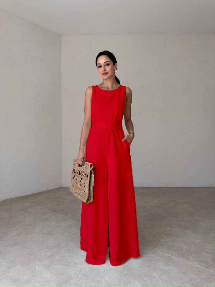 Women's Sleeveless Waisted Linen Jumpsuit With Pockets