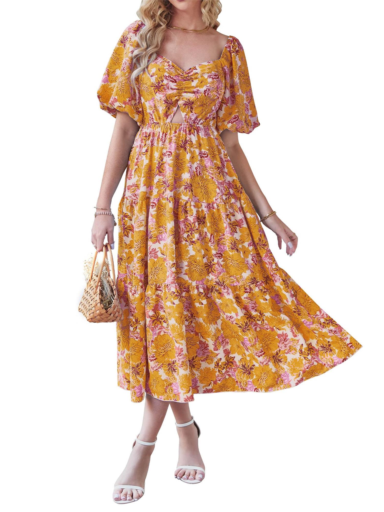 Women's Casual Flowy Square Neck Puff Short Sleeve Boho Floral Long Maxi Dress(BUY 2 FREE SHIPPING)