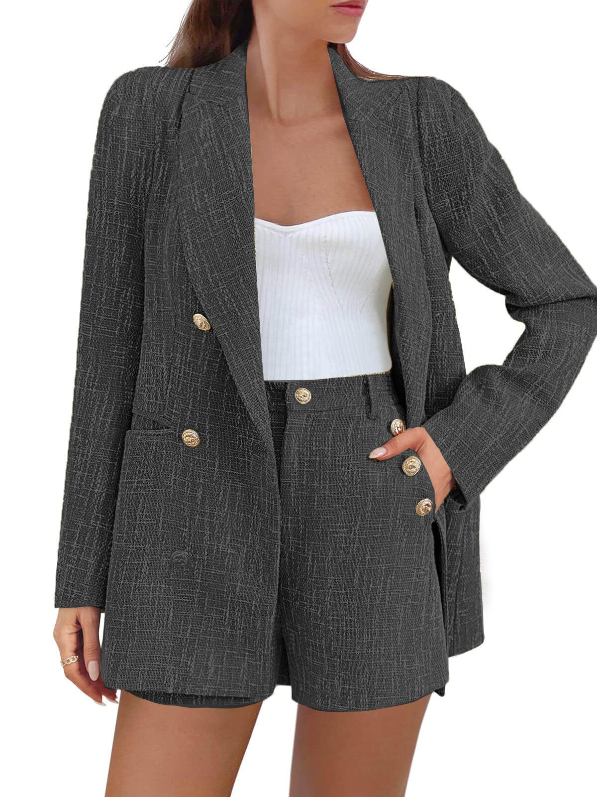 HOT SALE Women's Double Breasted Tweed Suit Set Button Jacket and Shorts