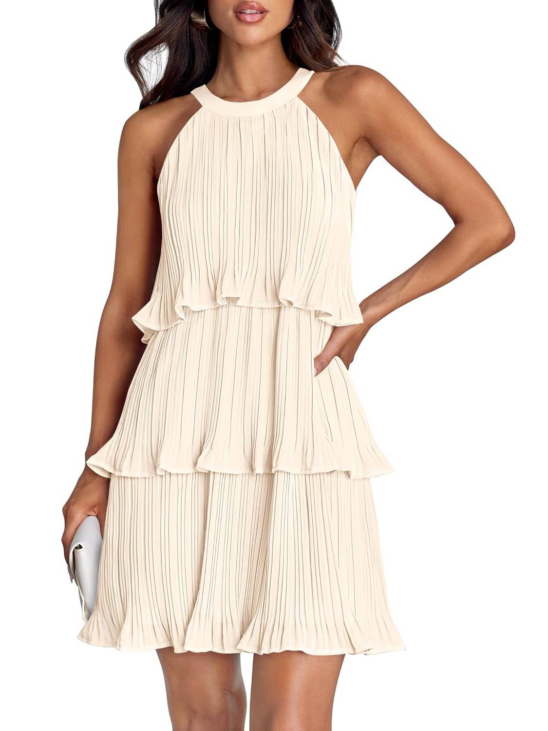 Women's Halter Sleeveless Ruffle Tiered Layered Chiffon Pleated A Line Swing Mini Dress