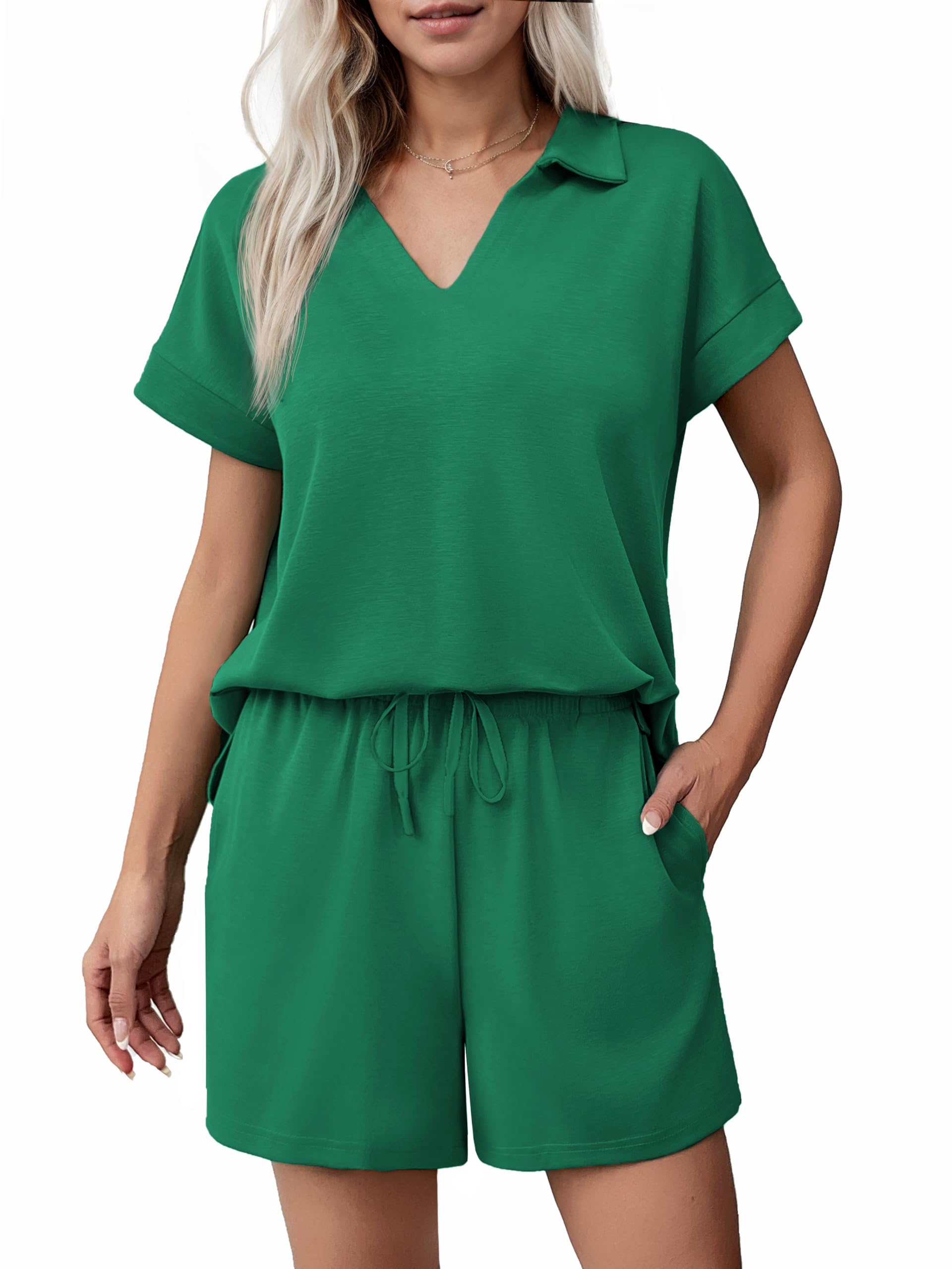 Women Summer Lounge Sets Short Sleeve Sweatshirt V-neck Tops and Drawstring Shorts Outfits Tracksuit (BUY 2 FREE SHIPPING!!!)