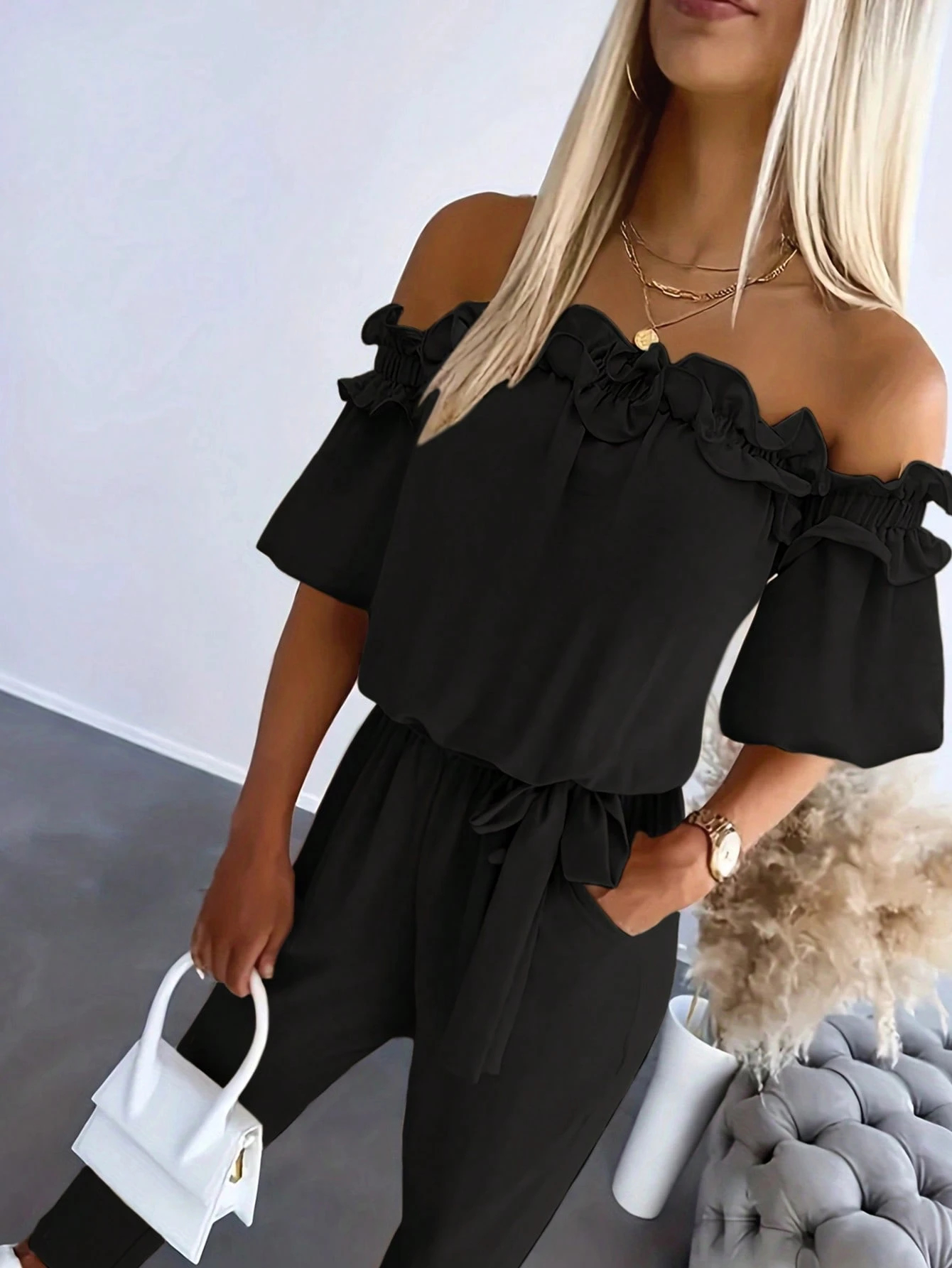 Women's Solid Color Off-Shoulder Short Sleeve Pleated Casual Jumpsuit (Buy 2 Free Shipping!!!)